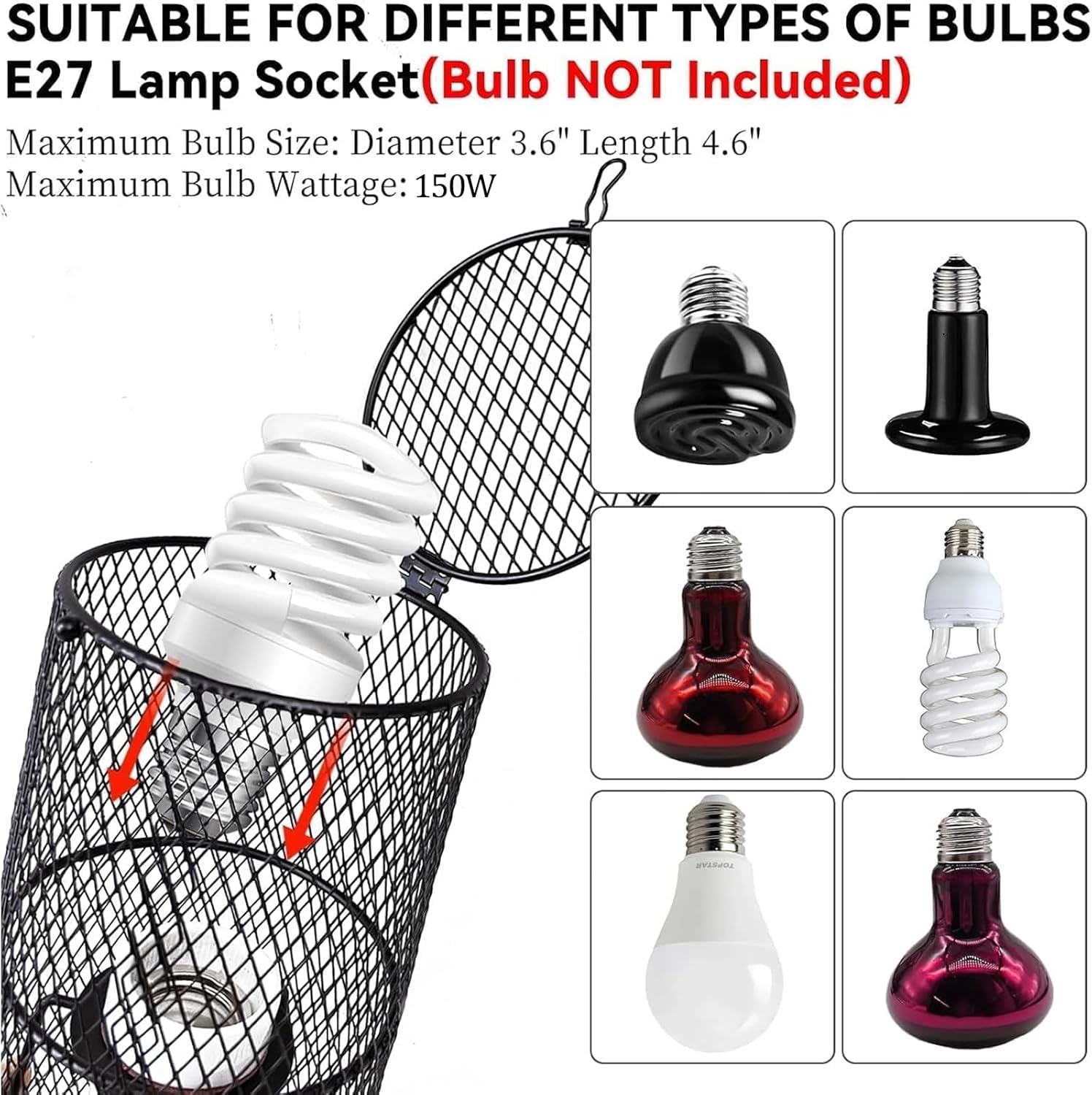 Reptile Heat Lamp Guard Ceramic Heat Emitter Basking Heater Lamp Reptile Accessories for Turtle Snakes Lizards Frogs Chicks with Power Switch & Anti-Biting Hanging Hook Design Round Without Bulb 150w - Happypetzone.online - Image 5