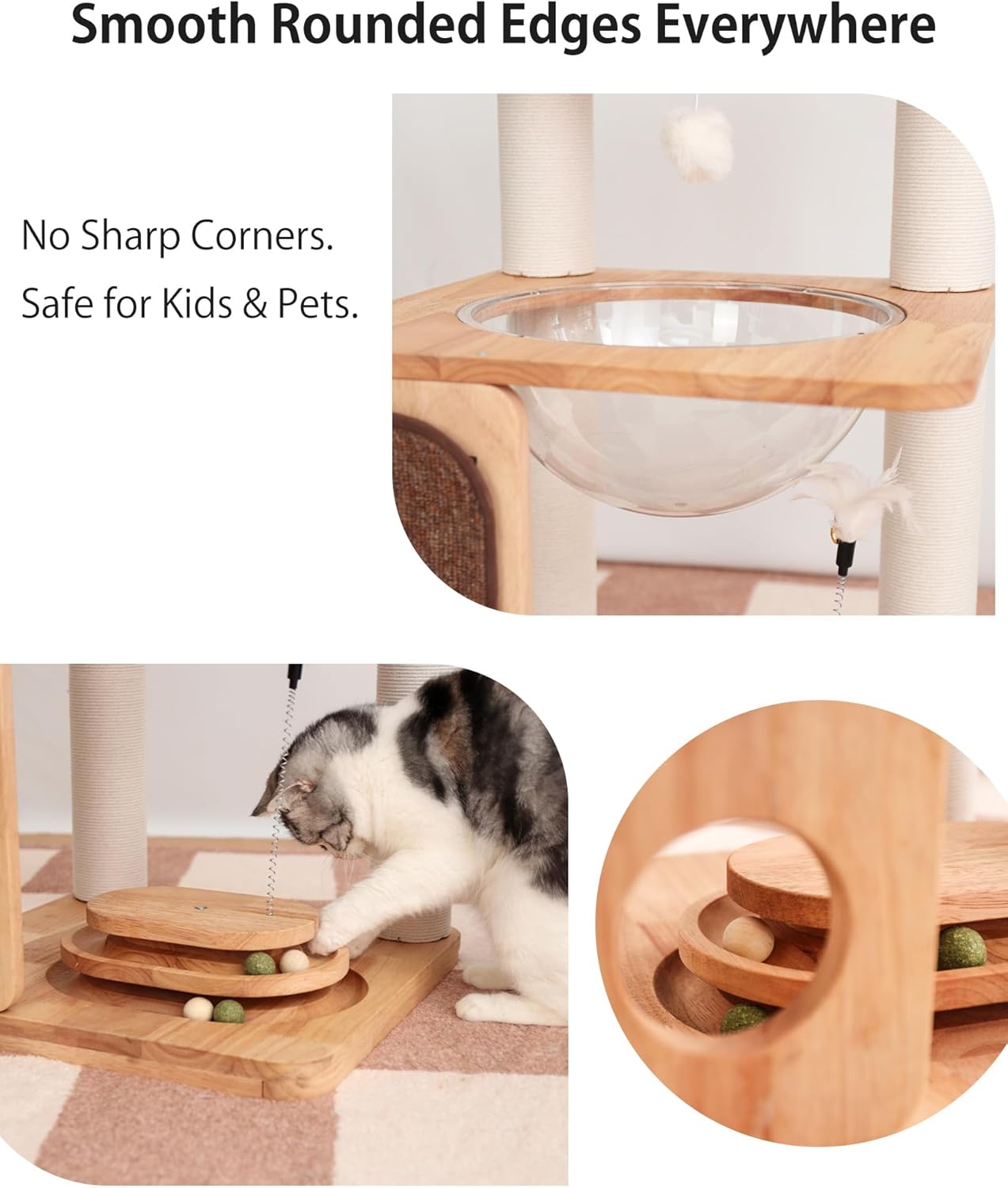 Wood Cat Tree for Large Cats, Modern Cat Tree Tower with Wide Shelves Cotton Scratching Posts, Super Sturdy Base, Cozy Perches, and Interactive Toys for Indoor Kittens 31-Inch - Happypetzone.online - Image 6