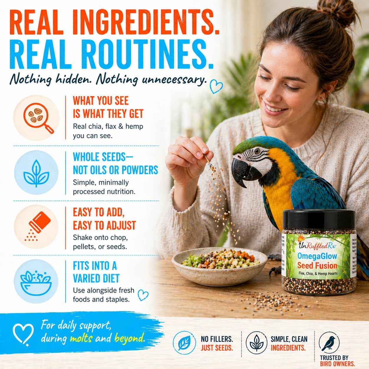 UnRuffledRx™ OmegaGlow for Birds – Raw, Natural Seed Blend for Feather Growth & Molting Support – Skin & Immune Health with Chia, Flax & Hemp Seeds – Helps Reduce Plucking – 2 oz Shaker Jar - Happypetzone.online - Image 6