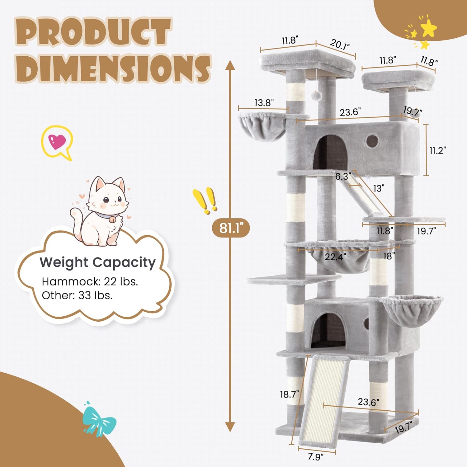 SHA CERLIN 81in Multi-Level Tall Cat Tree Tower for Indoor Kitties/Larger Cat Condo Furniture with Hammock/Cozy Pussycat Perches/Sisal Scratching Posts/Pet House/Wide Base/Grey - Happypetzone.online - Image 2