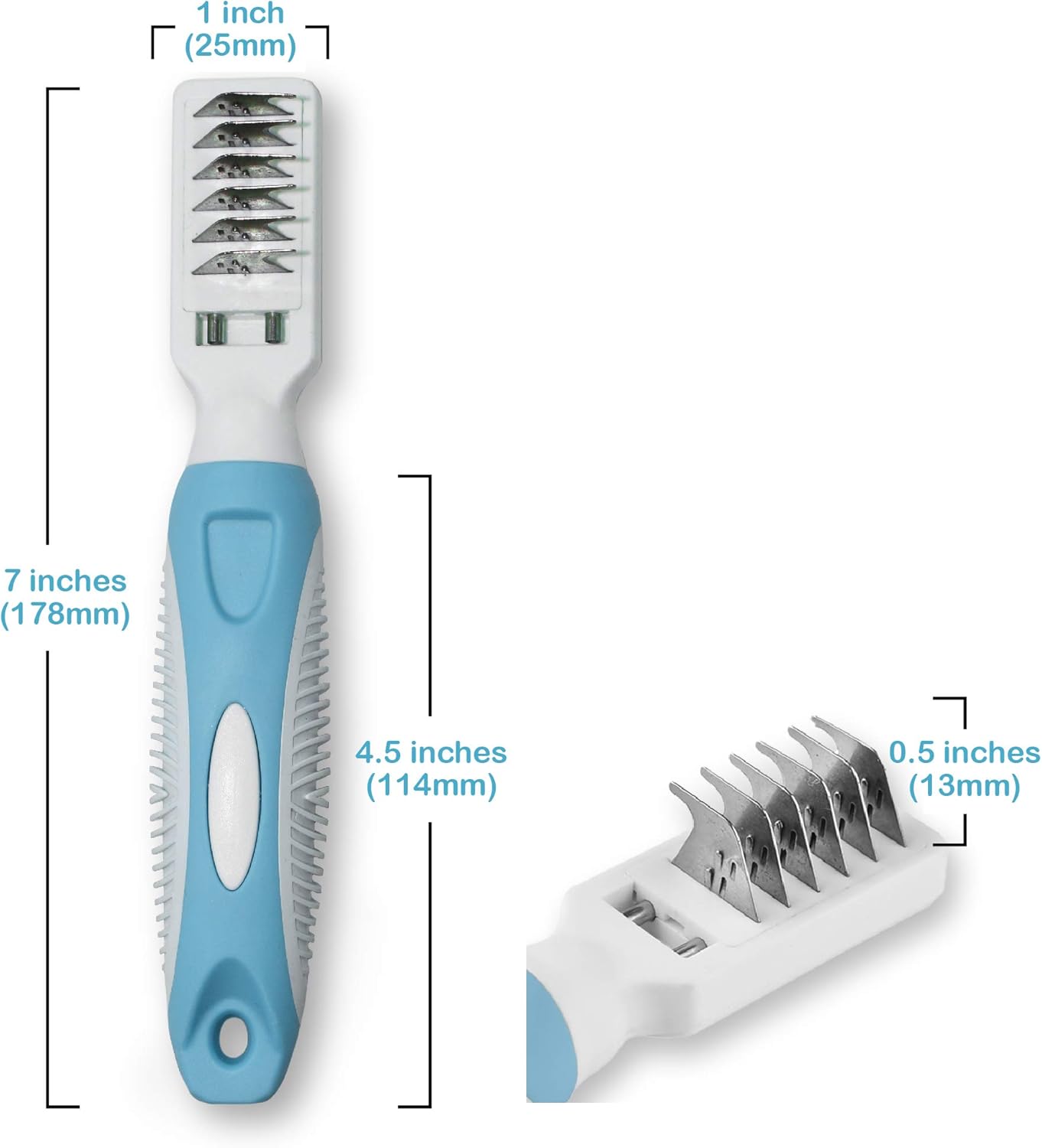 Pets First Professional Pet Mat Remover - Dematting Tool for Grooming Cats & Dogs - Removes Matted Fur, Tangles, Knots, Loose Hair & Dirt - Stainless Steel, Gentle Teeth, Soft Comfort Grip Handle,Blue - Happypetzone.online - Image 4