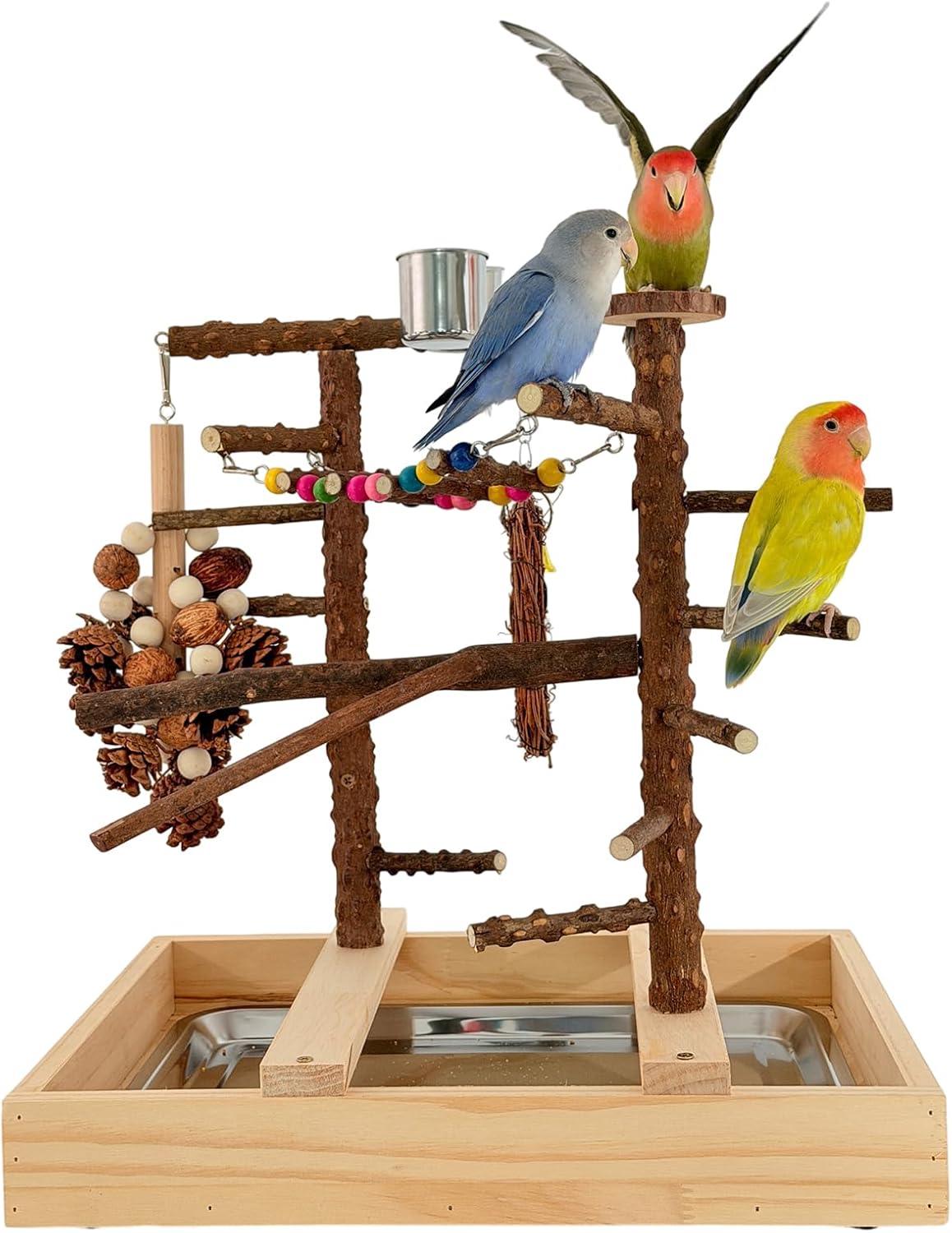 Bird Playground, Natural Wood Bird Play Stand with Stand Perch, Swing, Toy, Two Food Cups, and Removable Tray, Suitable for Lovebirds, Cockatiels, Budgies, Parakeets, and Other Birds - Happypetzone.online - Image 4
