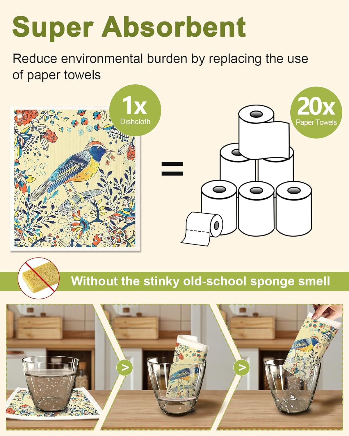 Miss Adola Swedish Dishcloths for Kitchen - 5 Pack Reusable Dish Cloths for Washing Dishes Absorbent Cute Funny Kitchen Towels Cleaning Sponge, Flower Bird - Happypetzone.online - Image 4