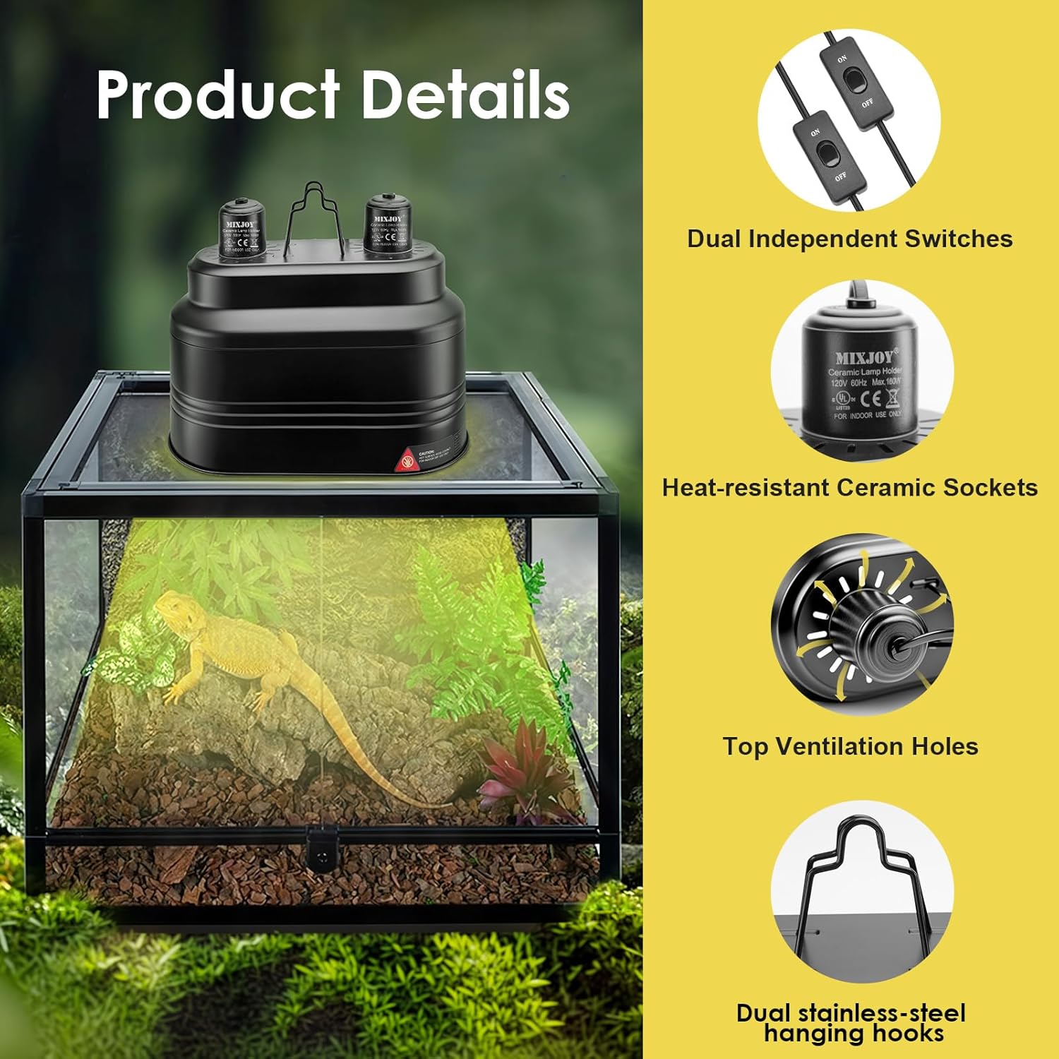 MIXJOY Dual Reptile Light Fixture, Max 160W Each Heat Lamp Fixture with Separate Switches, Fits Reptile Light/Heat Lamp/UVB Light for Lizards, Turtles, Snakes, and Amphibians - Happypetzone.online - Image 2