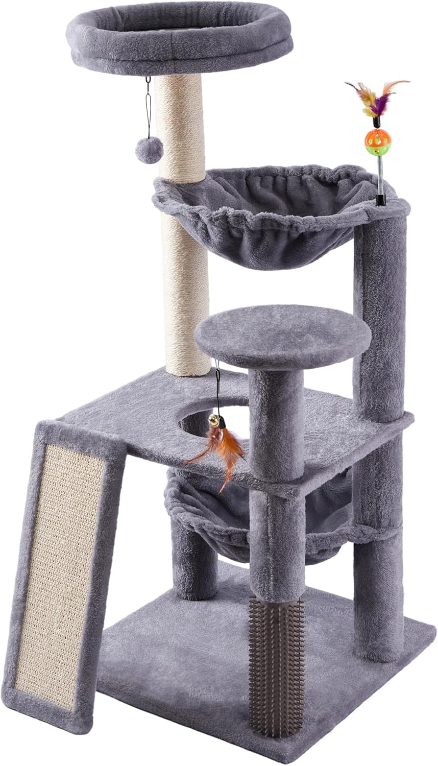 Multi-Level Cat Tree for Indoor Cats, Cat Tree Tower with Big Cat Hammock and Self-Grooming Brush, Cat Tower with Scratch Ladder, Indoor Climbing Activity Tower with Scratching Posts, Grey - Happypetzone.online - Image 2