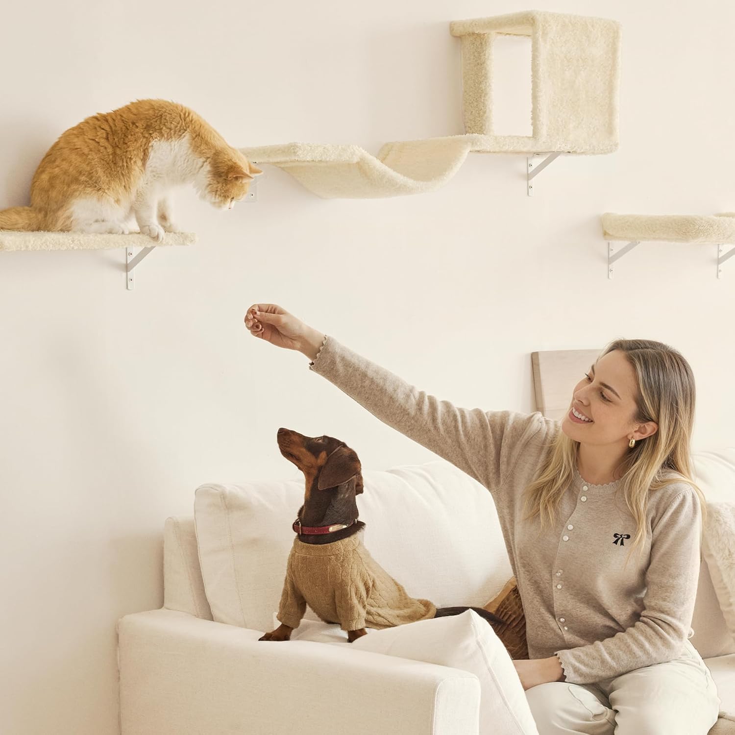 FUKUMARU Cat Wall Shelves, Stable & Safe 5 in 1 Cat Walls Furniture Set, Wooden Kitten Climbing Wall with Scratching Post for 16 Inch Drywall - Beige - Happypetzone.online - Image 4