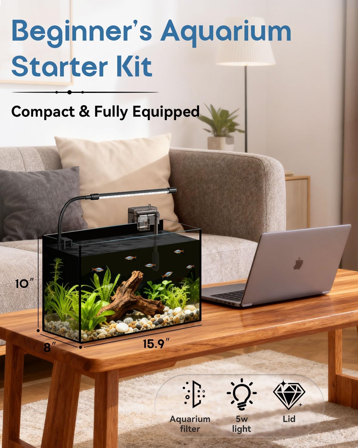 Glass Fish Tank Kit, 5 Gallon Betta Fish Tank Aquarium Starter Kit with Filter, Lights, Lid, for Betta, Goldfish, Small Fish or shrimg - Happypetzone.online - Image 2