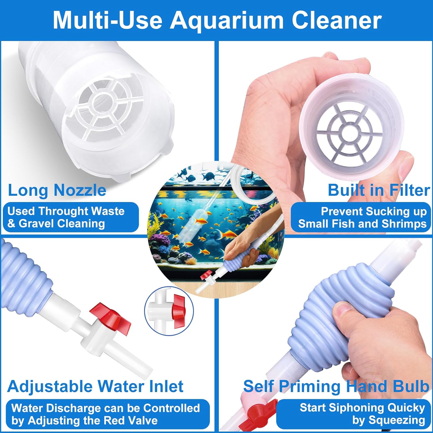 Fish Tank Cleaning Kit Set of 4 Pieces, Aquarium Siphon Algae Scraper Aquarium Net Algae Remover for Fish Tank, Aquarium Cleaner Vacuum Suitable for Changing Water and Cleaning Fish Tanks - Happypetzone.online - Image 3
