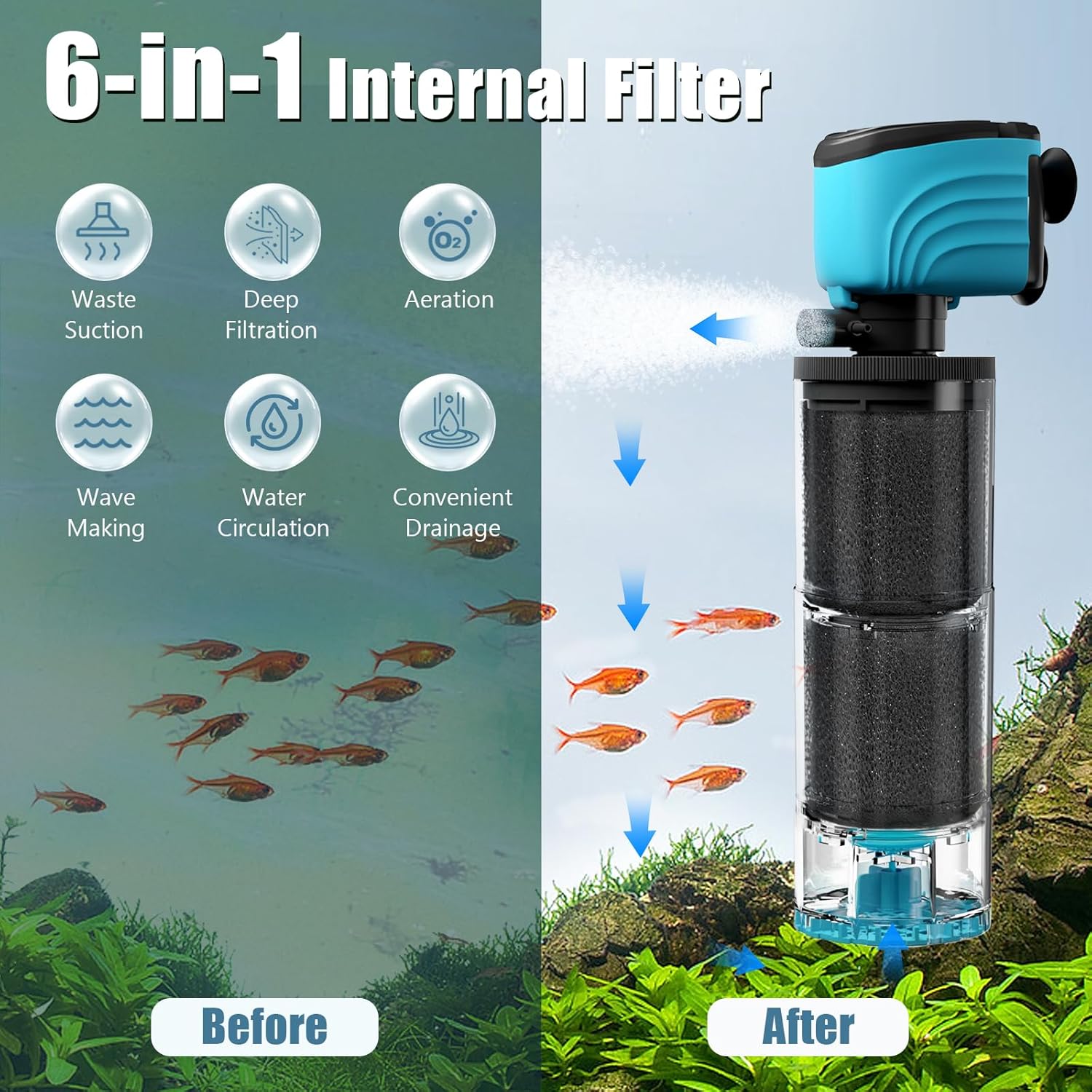 Submersible Aquarium Filter, Upgraded 50-150 Gallon Fish Tank Filter with Fish Guard, Internal Whisper Pump for Turtle Tank, Debris Tray, Check Valve, Fresh/Saltwater, 12-Inch - Happypetzone.online - Image 2