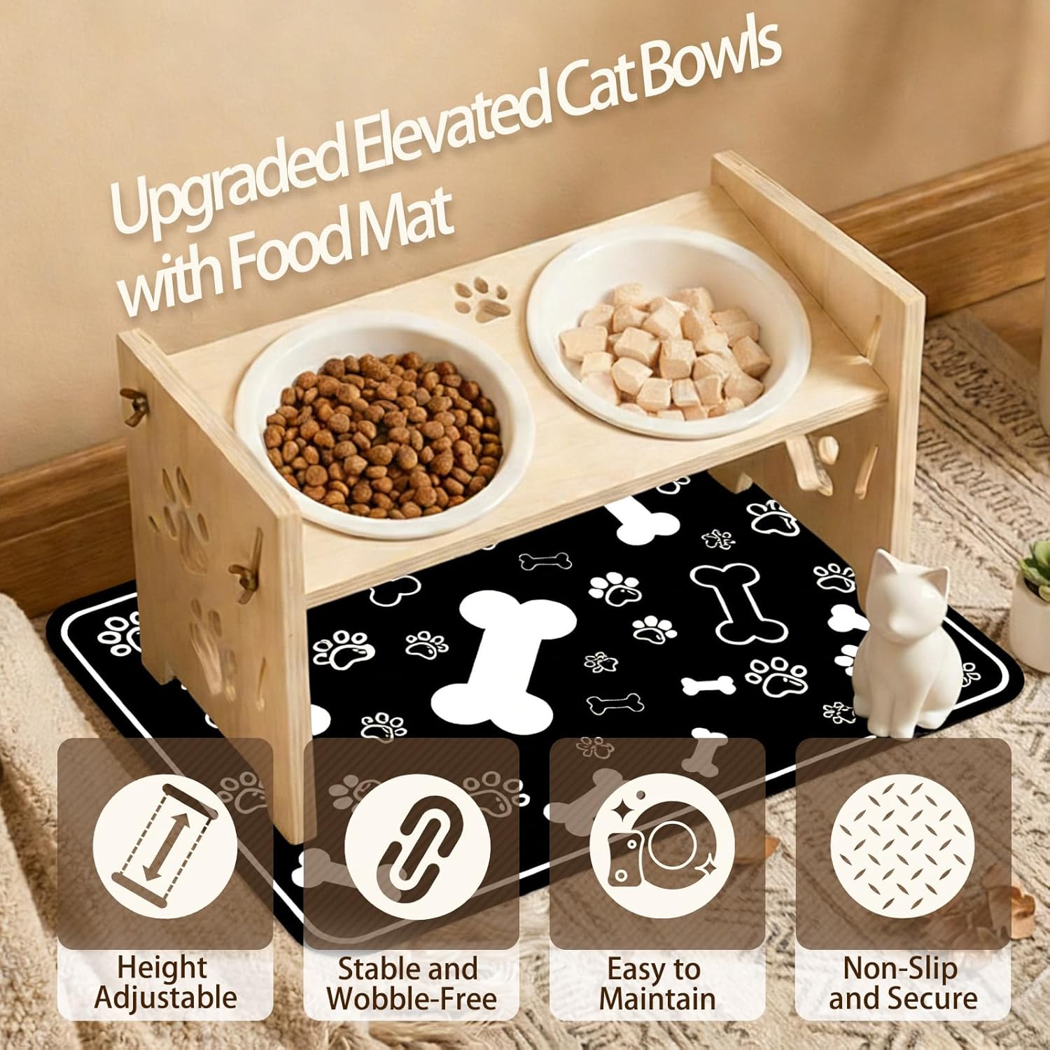 2026 New Elevated Cat Bowls with Food Mat, Adjustable Height & Angle Raised Cat & Dog Bowls Stand for Food and Water, Cat or Small Dog Feeding Station, 2 Ceramic Bowls for Cats and Puppy(Natural Wood) - Happypetzone.online - Image 3