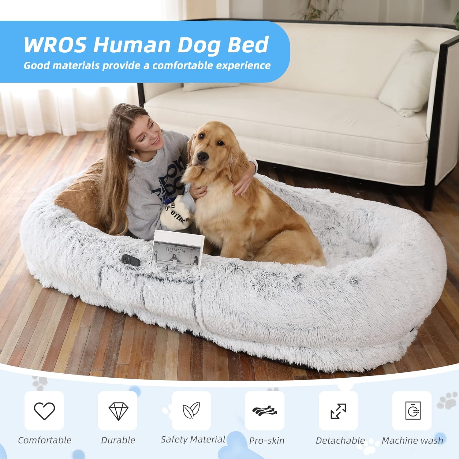 WROS Human Dog Bed - 71"x45"x12" Fits You & Pets, Washable Faux Fur, Orthopedic, Plump Pillow, Blanket, Strap - Grey - Happypetzone.online - Image 2