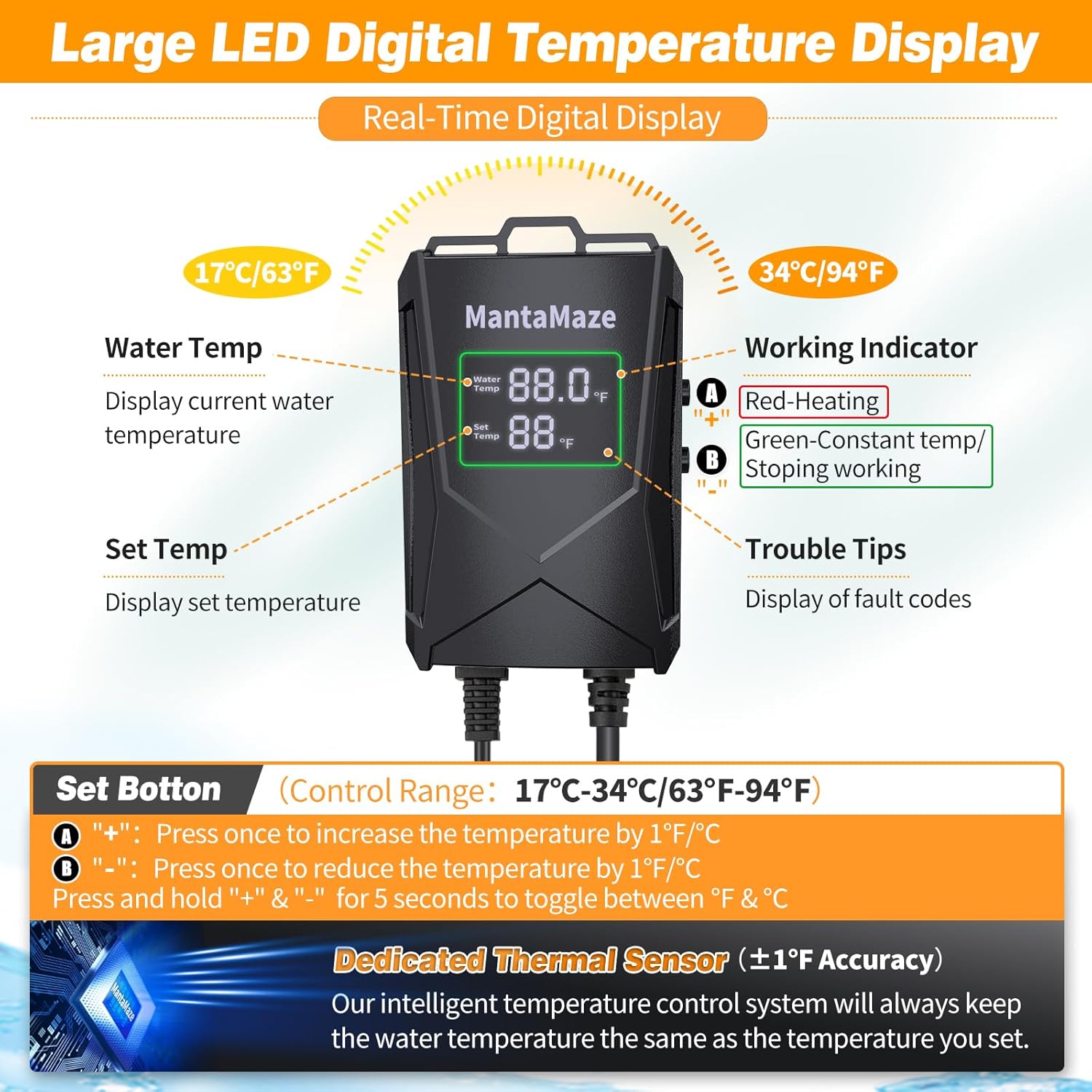Aquarium Heater 300W/500W/800W/1000W for 20-300 Gal, Fish Tank Heater with Intelligent Leaving Water Automatica Stop Heating and Overheating Protection, for Freshwater & Saltwater - Happypetzone.online - Image 3