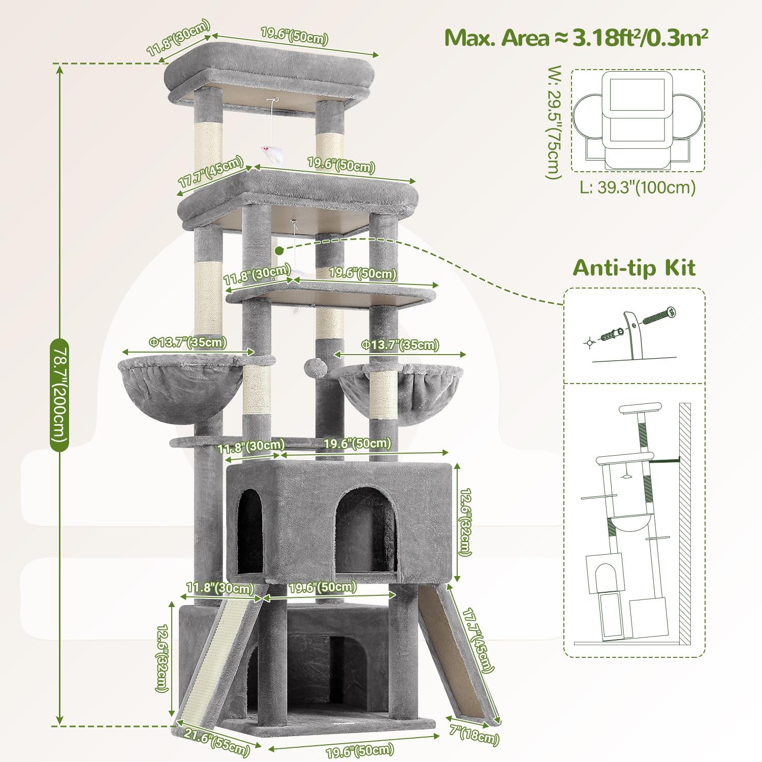 Globlazer Heavy Duty Cat Tree 78 inch Sturdy Cat Tower for 20lbs Large Adult Cats, Symmetrical Aesthetic Big Cat Tree with Extra Large Platform, 2 Scratching Boards, Z78, Light Grey - Happypetzone.online - Image 6