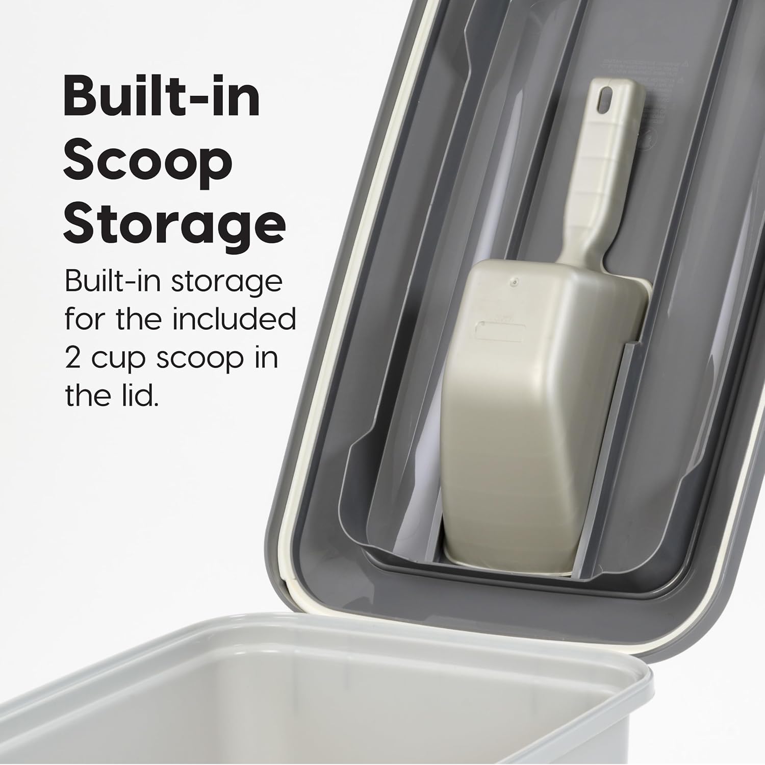 IRIS USA Dog Food Storage Container with Wheels, Airtight Lid, 2-Cup Scoop, Up to 54 Pounds Pet Food Storage, Built in Scoop Storage in Lid, Versatile Pet Food Bin, Portable, BPA Free, Gray/Dark Gray - Happypetzone.online - Image 7