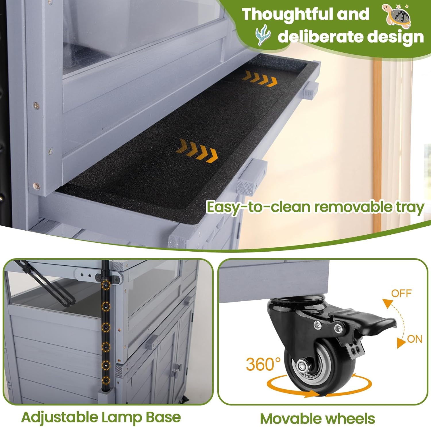 Agitree Premium Reptile Habitat Enclosure for Tortoises, Lizards, and Snakes - Adjustable Lighting, 360° Wheels, Easy-Clean Design, and Secure Ventilation-(Light Gray - Happypetzone.online - Image 5