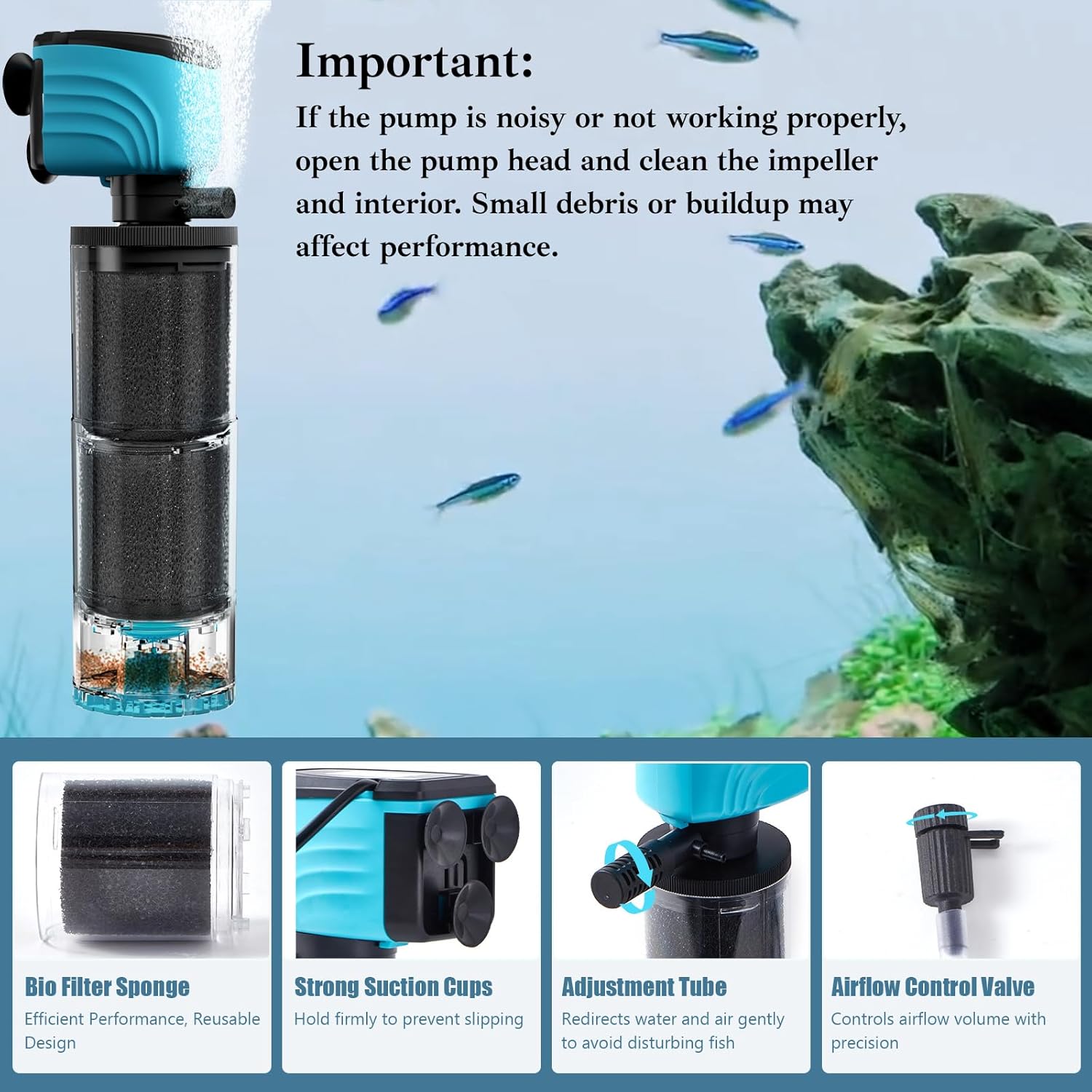 Submersible Aquarium Filter, Upgraded 50-150 Gallon Fish Tank Filter with Fish Guard, Internal Whisper Pump for Turtle Tank, Debris Tray, Check Valve, Fresh/Saltwater, 12-Inch - Happypetzone.online - Image 4