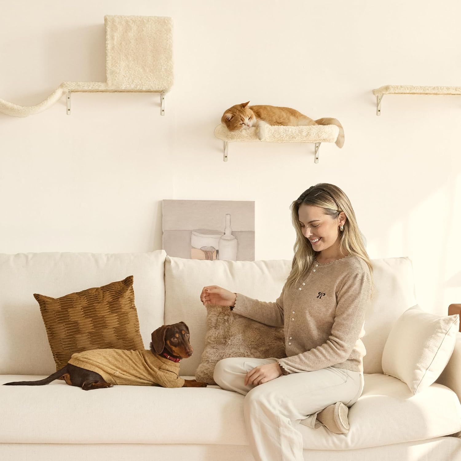 FUKUMARU Cat Wall Shelves, Stable & Safe 5 in 1 Cat Walls Furniture Set, Wooden Kitten Climbing Wall with Scratching Post for 16 Inch Drywall - Beige - Happypetzone.online - Image 9