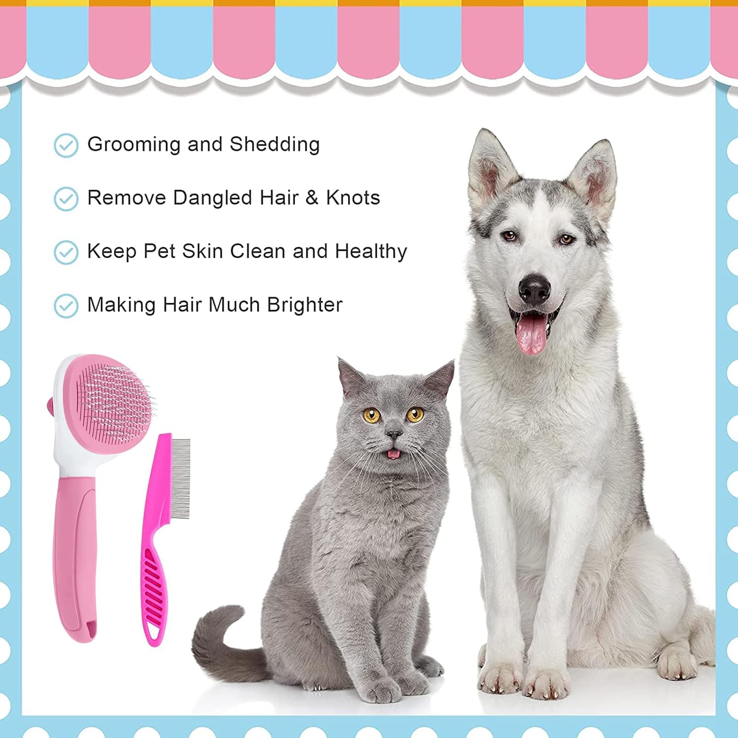 Cat Brushes for Indoor Cats, Dog Brush for Shedding with Metal Cat Comb, Self Cleaning Pet Hair Brush with Release Button for Grooming Kitten(Pink) - Happypetzone.online - Image 4