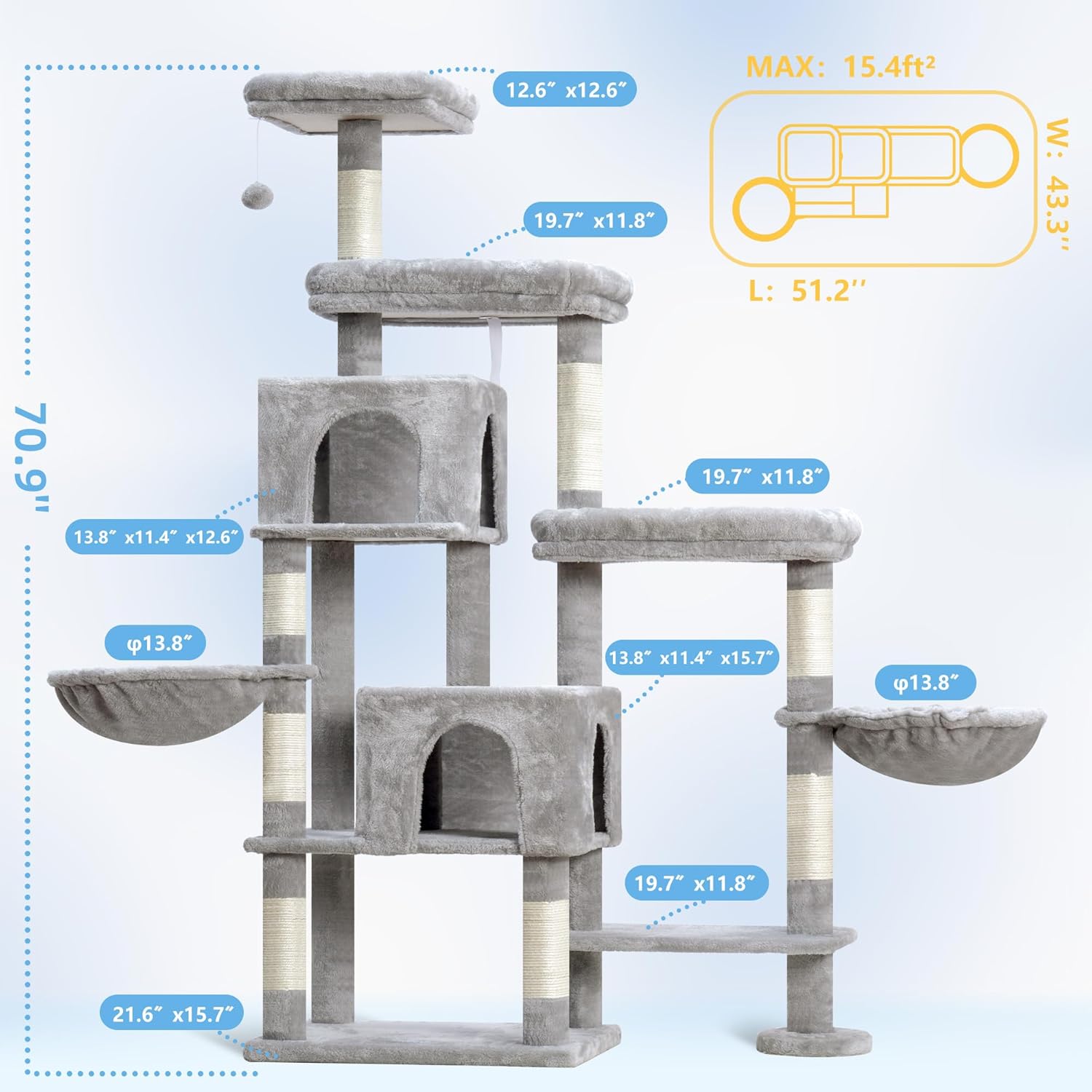 Hey-brother Cat Tree Tower, Scratching Posts with a Extended Part, Wide Platforms, Cozy Condos, Hammocks, Sisal Columns and Ball for Indoor Cats, 70.1 Inches, Light Gray MPJ038W - Happypetzone.online - Image 3