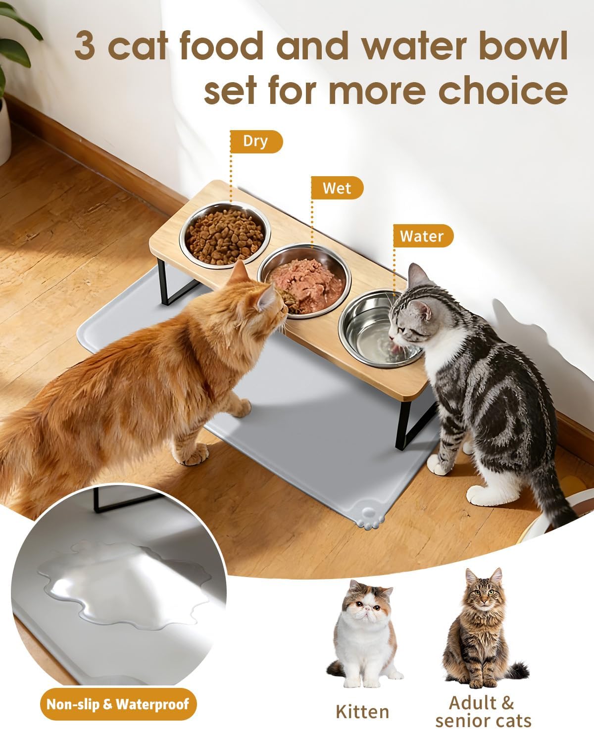 Elevated Cat Bowls, 15°Tilted Raised Cat Food Bowls with Mat, Cat Food and Water 3 Stainless Steel Bowl Set for Indoor, Anti-Vomiting, Whisker Fatigue. - Happypetzone.online - Image 5