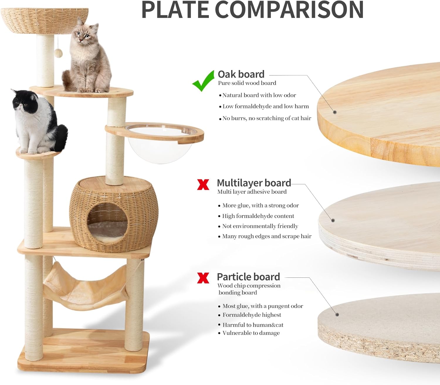 59" Big Modern Cat Tree Tower, Cat Tower Sisal-Covered Scratching Posts for Indoor Cats, Oak Wood Cat Tree for Large Cats, Multi-Level Cat Condo with Space Capsule Nest, Cat Furniture Activity Centre - Happypetzone.online - Image 7