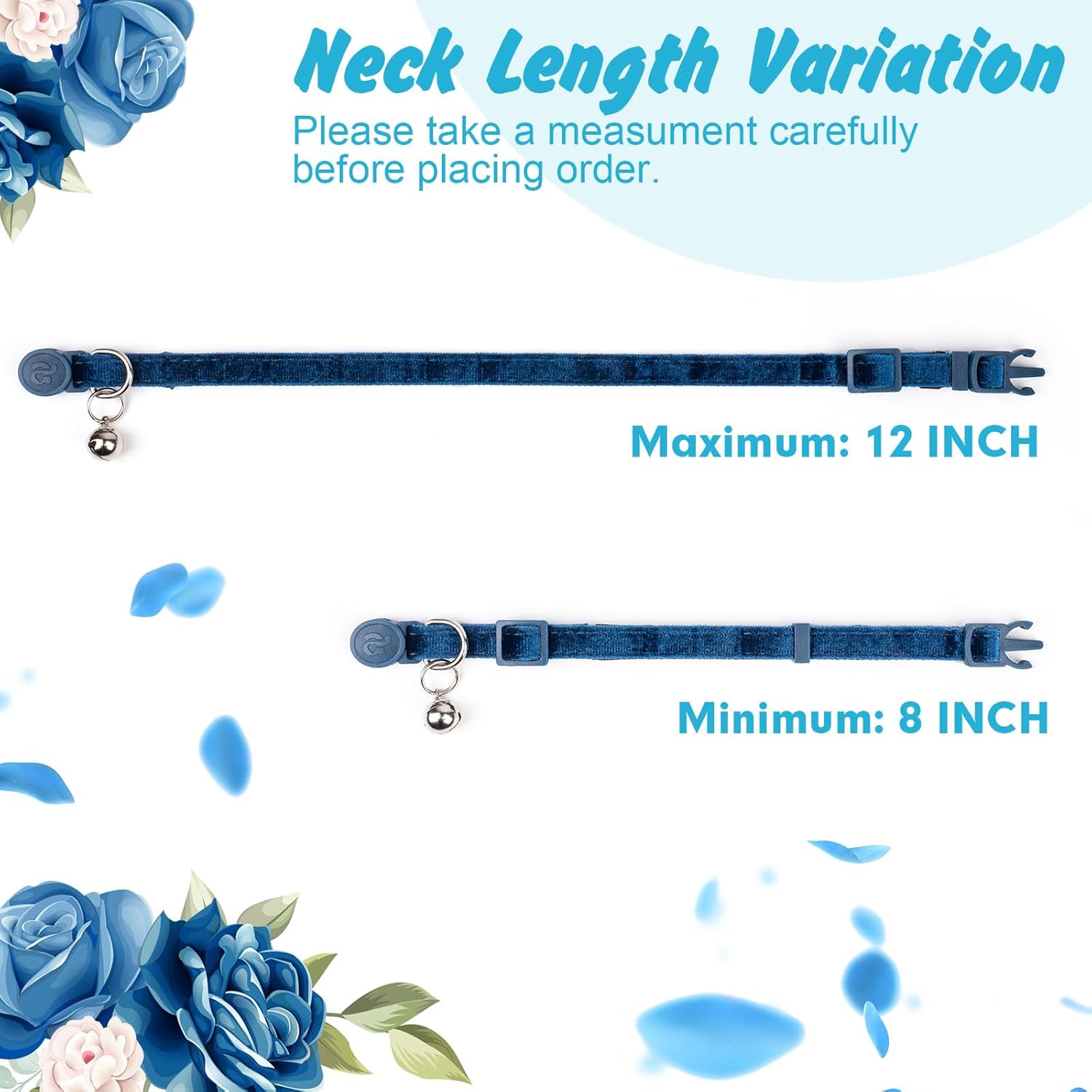 azuza 2 Pack Cat Collar Floral with Bell and Removable Flower Bowtie Breakaway Adjustable Velvet Fabric Cat Collar for Pets and Daily Decoration,Blue & Royal Blue - Happypetzone.online - Image 5