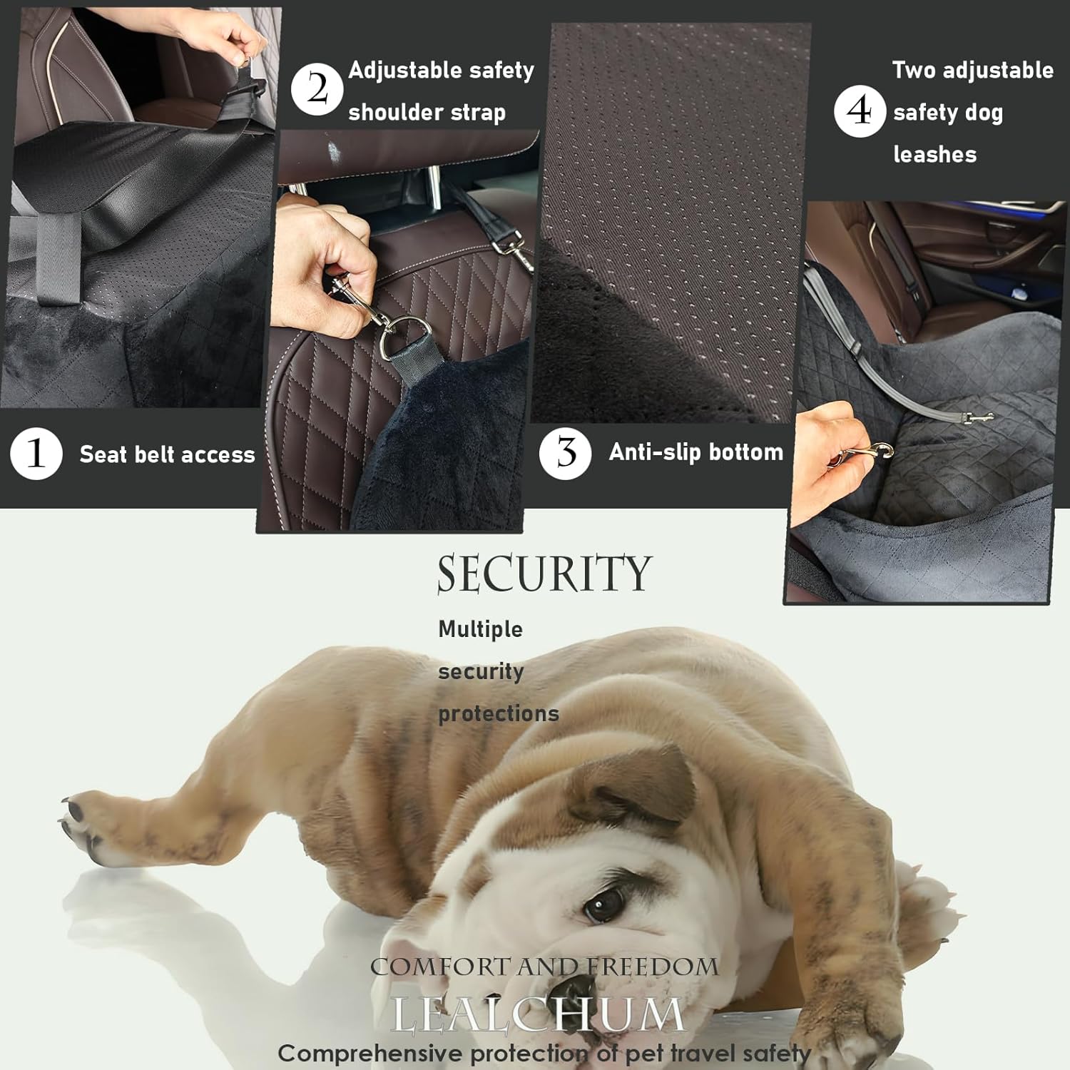 Lealchum Dog Booster Car Seat for S/M Dogs Up to 35lbs,Soft 6in Elevated Cushion,Fits in Front/Back Seat,Fully Detachable and Washable,2 Storage Pockets & 3 Straps,Easy to Install (Black/Brown,Medium) - Happypetzone.online - Image 3