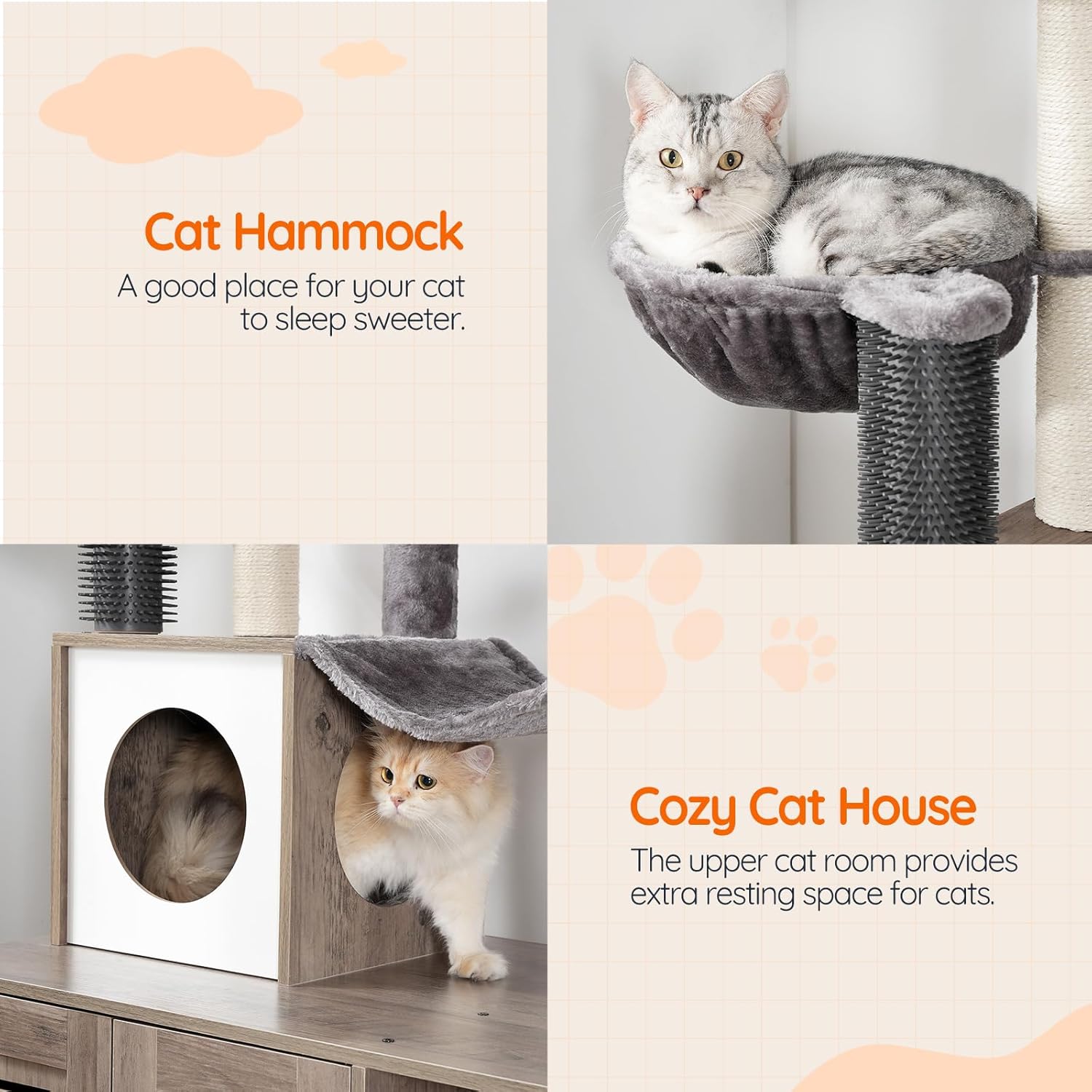HOOBRO Large Hidden Litter Box, Cat Tree with 30.7'' Long Litter Box Enclosure, Modern Cat Tower, Cat Condos with Scratching Posts, Rubbing Post, Hammock and Teaser Sticks, Greige BG28MZ03G1 - Happypetzone.online - Image 4