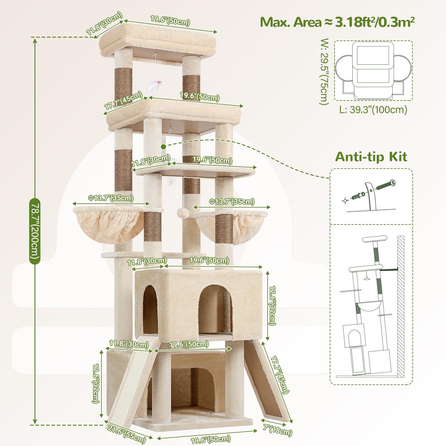 Globlazer Heavy Duty Cat Tree 78 inch Sturdy Cat Tower for 20lbs Large Adult Cats, Symmetrical Aesthetic Big Cat Tree with Extra Large Platform, 2 Scratching Boards, Z78, Beige - Happypetzone.online - Image 6