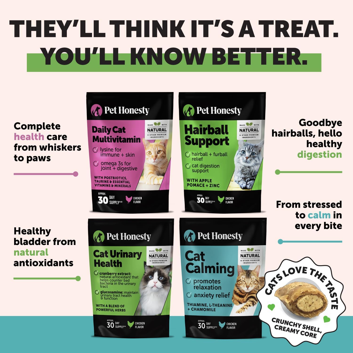 Cat Hairball Support Crunchy & Creamy Chews, Hairball Remedy Treats, Cat Furball Treatment, Supports Skin & Coat, Vitamins for Digestion, Chicken (30-Day Supply) - Happypetzone.online - Image 6