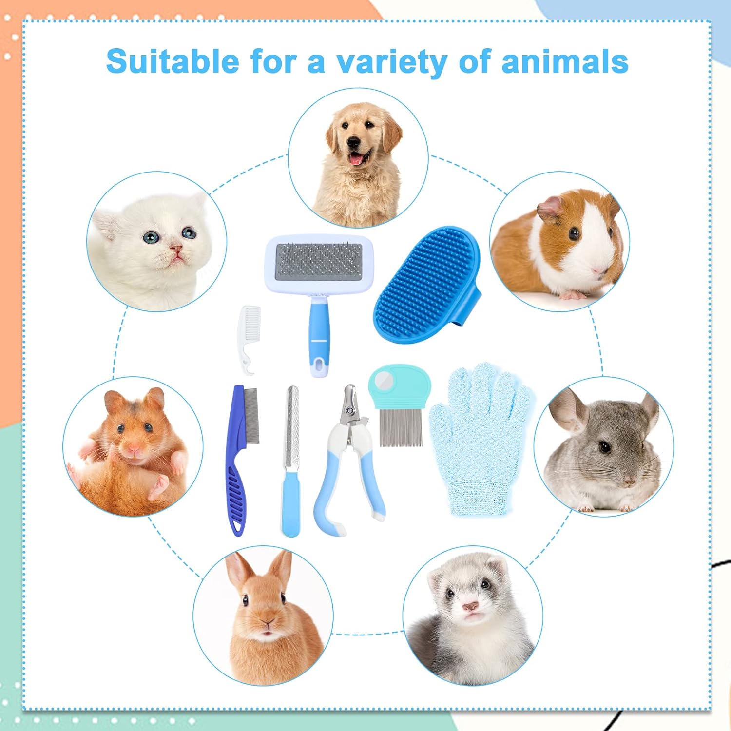 VCZONE Small Animal Grooming Set: Pet Nail Clipper & File, Flea Comb, Shampoo Brush, Shedding Slicker Brush, Massage Glove, Cleaning Comb (Blue) - Happypetzone.online - Image 7