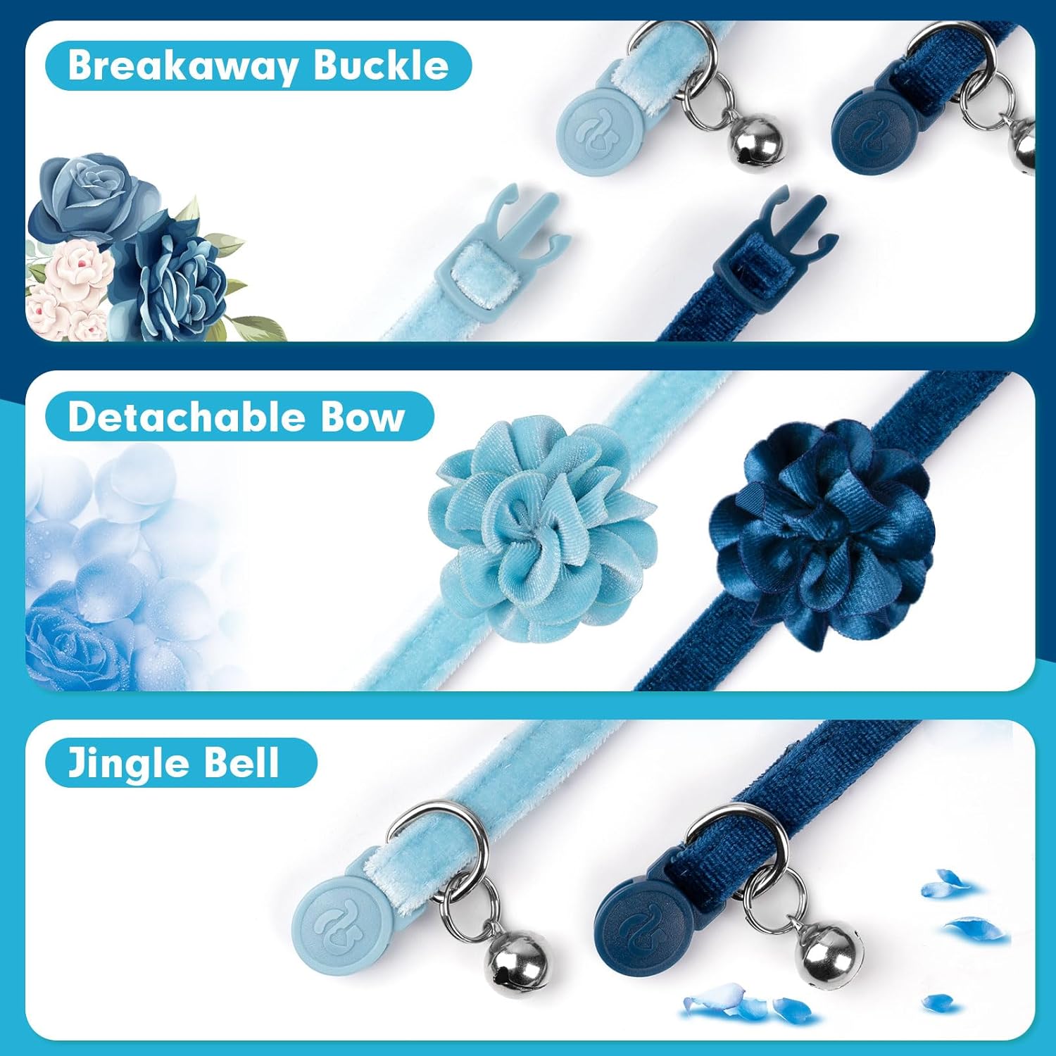 azuza 2 Pack Cat Collar Floral with Bell and Removable Flower Bowtie Breakaway Adjustable Velvet Fabric Cat Collar for Pets and Daily Decoration,Blue & Royal Blue - Happypetzone.online - Image 4