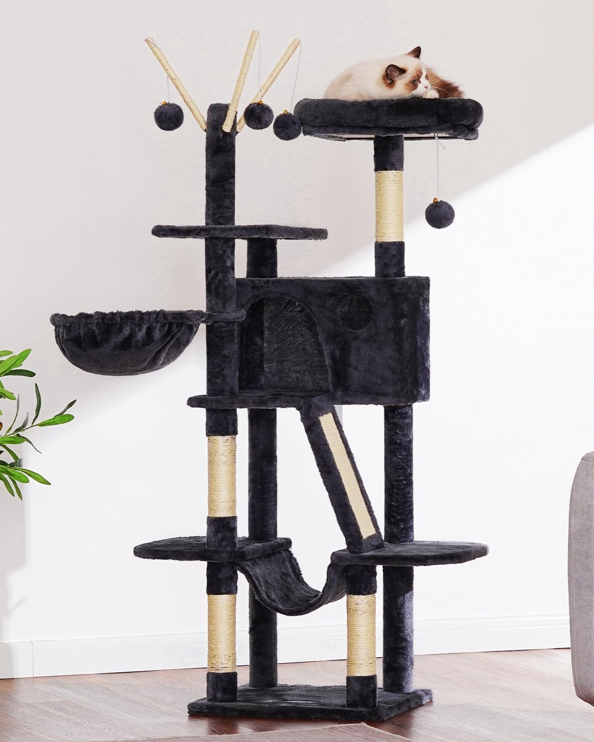 Hey-brother Cat Tree, 53 inch Cat Tower for Indoor Cats, Cat House with Padded Platform Bed, Toy Balls, Large Cozy Condo, Hammocks and Sisal Scratching Posts, Smoky Gray MPJ019-SG - Happypetzone.online - Image 7