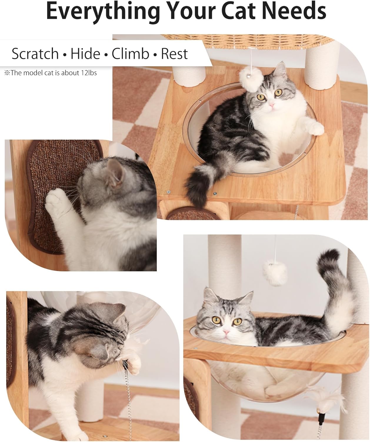 Wood Cat Tree for Large Cats, Modern Cat Tree Tower with Wide Shelves Cotton Scratching Posts, Super Sturdy Base, Cozy Perches, and Interactive Toys for Indoor Kittens 31-Inch - Happypetzone.online - Image 5