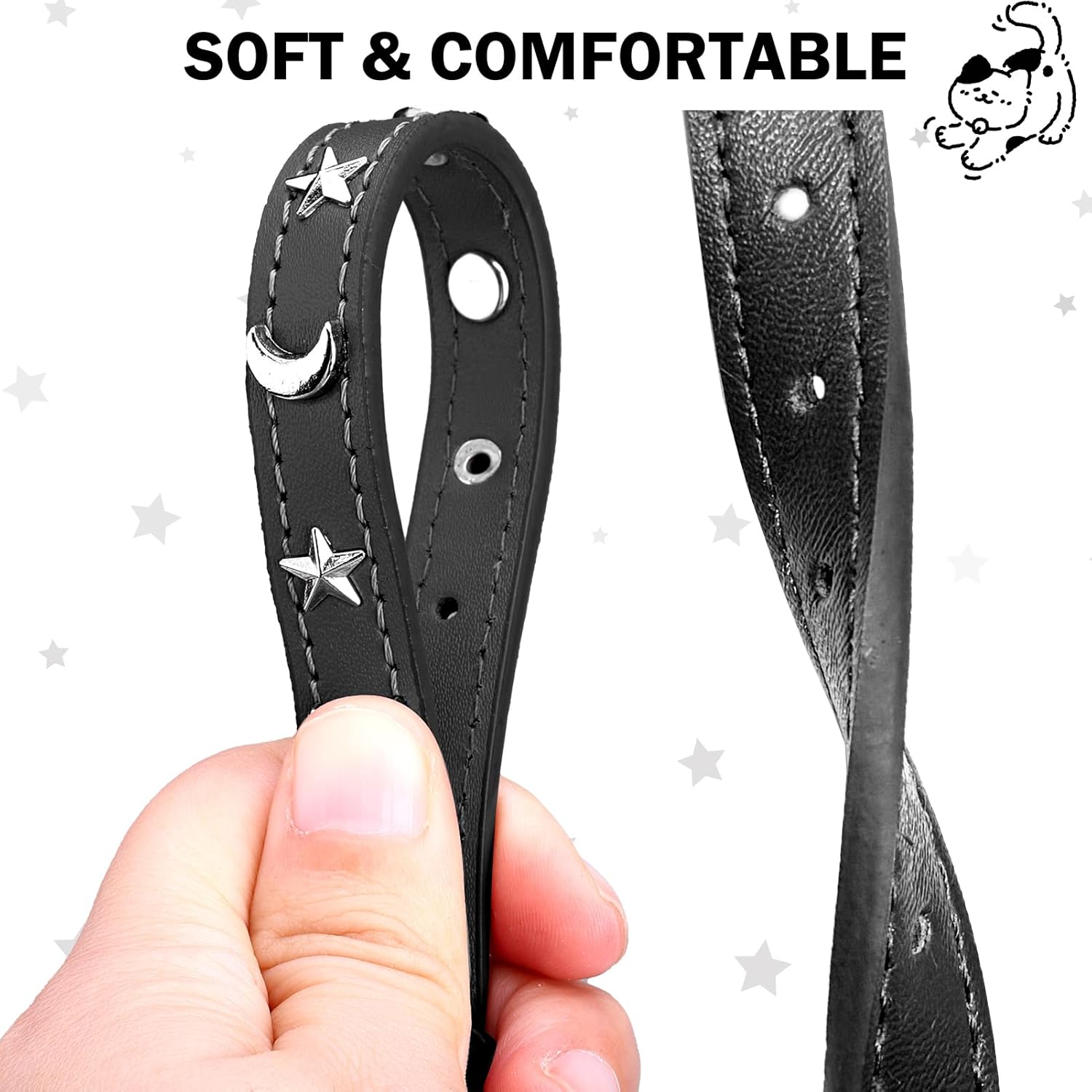Leather Cat Collars for Boy Girl Cats with Bell and Safety Elastic Belt, Personalized Star and Moon Stud Adjustable Safe Buckle Collar for Kitty Small Big Cats Size 8-12 Inch, Black - Happypetzone.online - Image 2
