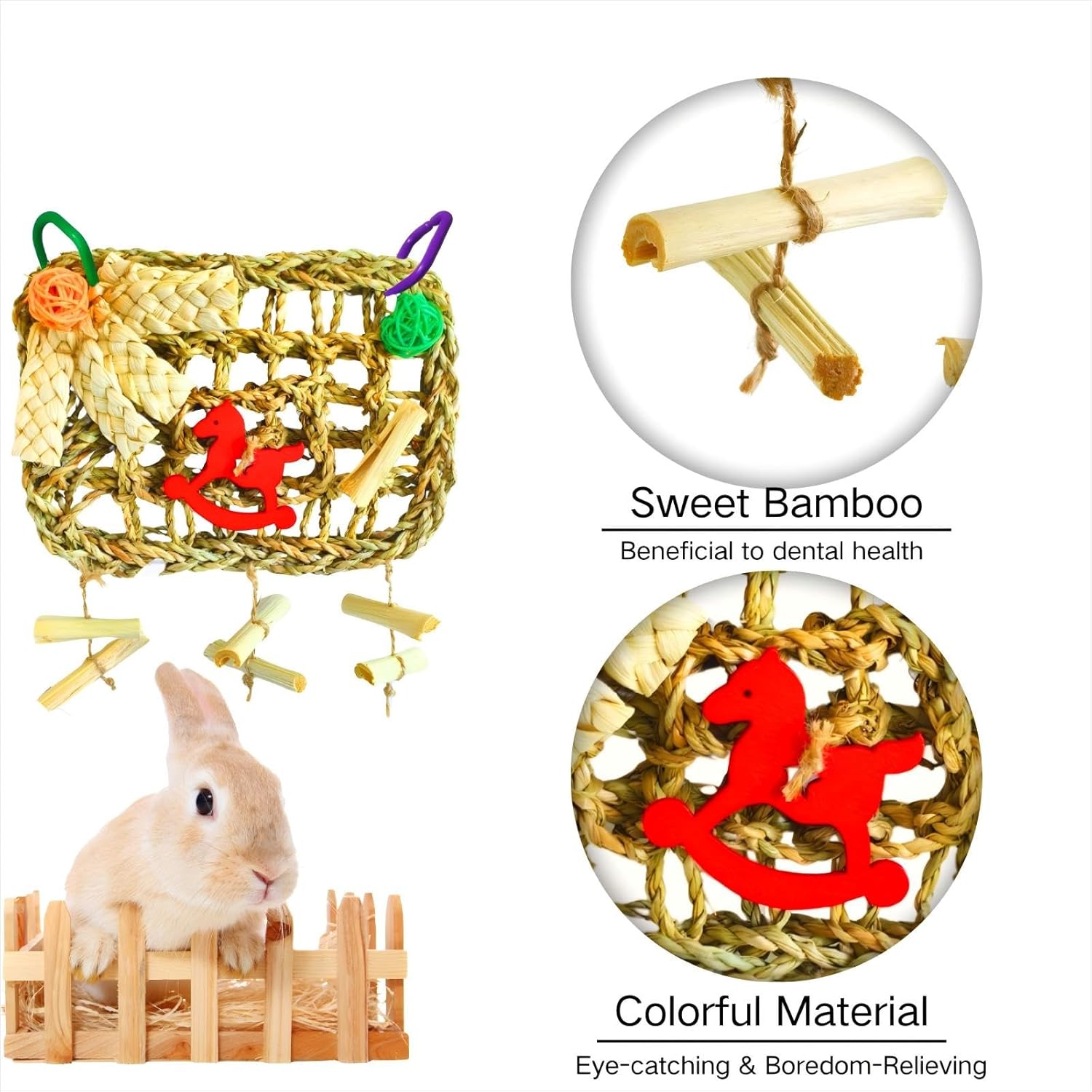 Rabbits Chew Toy,Bunny Cage Hanging Chew Toys and Treats,Grass with Sweet Bamboo for Guinea Pigs Chinchillas Hamsters Rats - Happypetzone.online - Image 8