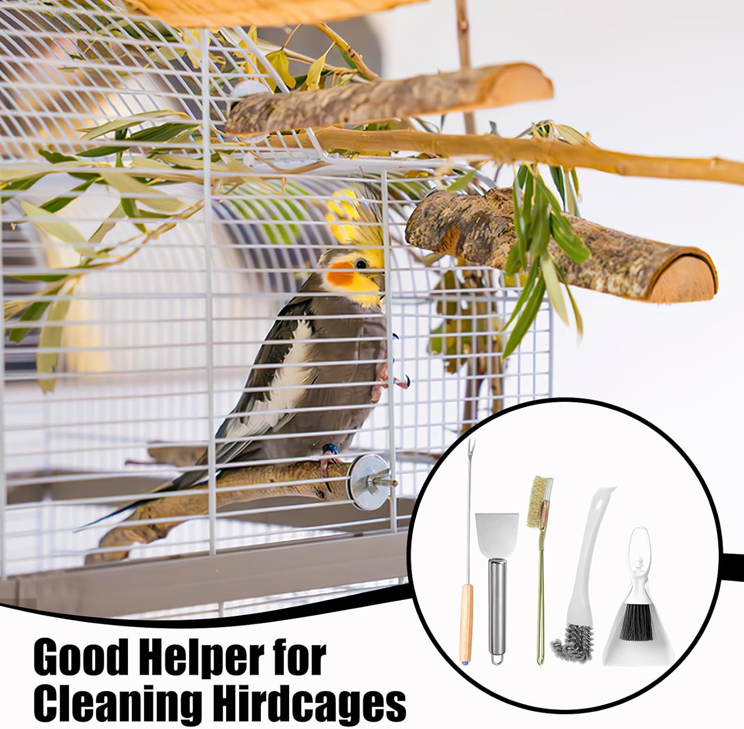 5 Pcs Bird Cage Cleaner Set,Stainless Steel Poop Remover Bird Cage Accessories,Bird Cages Cleaning Brush & Scraper,Cleaning fork & shovel,Mini Dustpan and Broom Set,for Small Animal Cages Clean - Happypetzone.online - Image 7