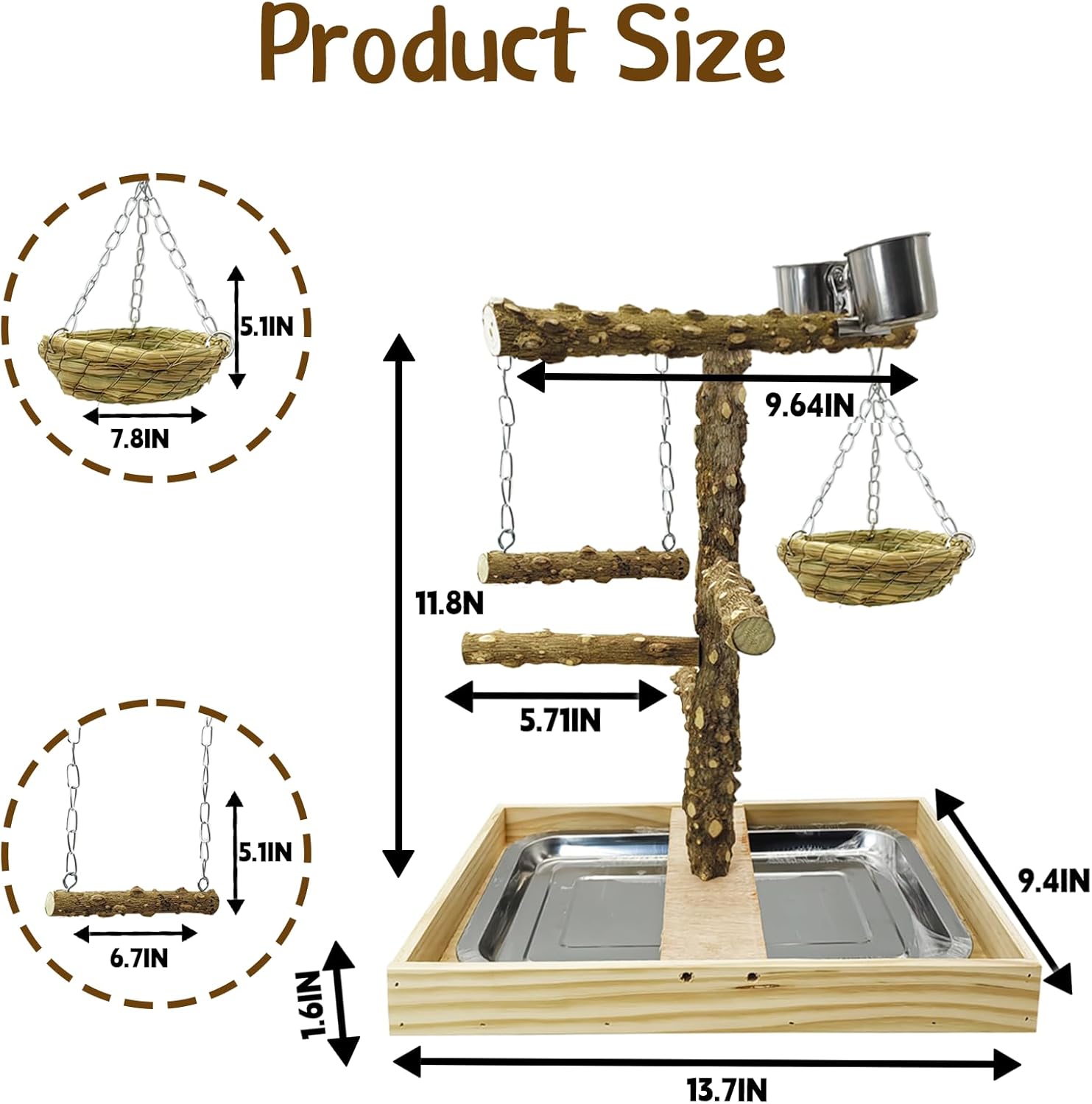Tfwadmx Bird Perch Natural Wood Stand Toy Parrot Play Stand Platform and Hanging Bird Nests Bird Cage with Removable Tray and 2 Stainless Steel Cups for Parakeets Canaries Cockatiels Conure Lovebirds - Happypetzone.online - Image 3