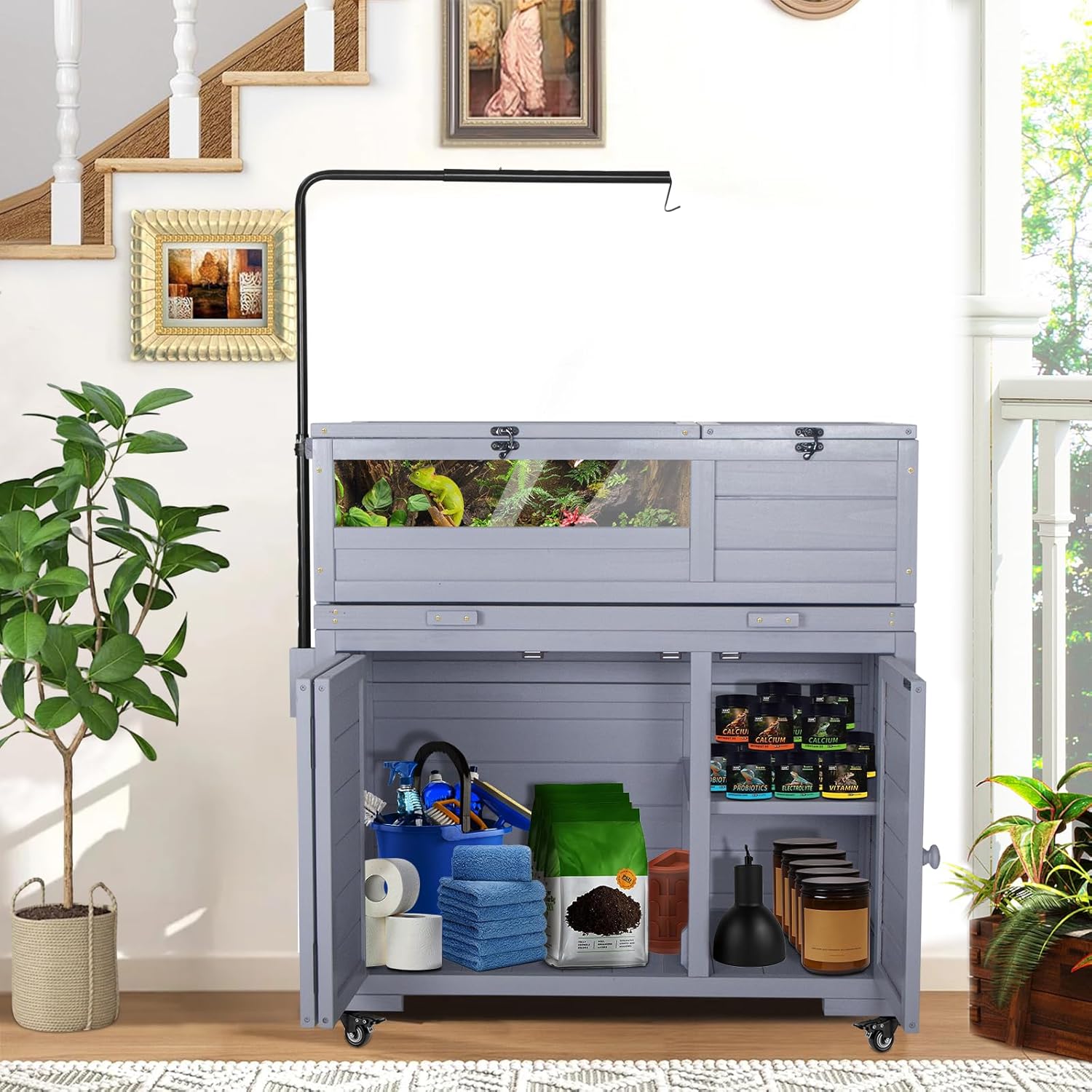 Agitree Premium Reptile Habitat Enclosure for Tortoises, Lizards, and Snakes - Adjustable Lighting, 360° Wheels, Easy-Clean Design, and Secure Ventilation-(Light Gray - Happypetzone.online - Image 3