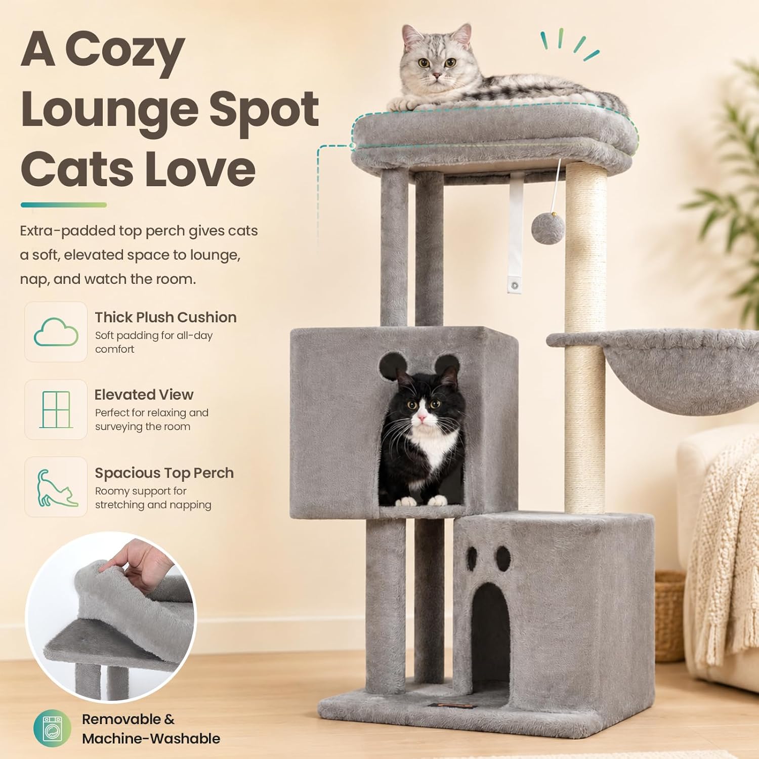 Small Cat Tree Tower for Indoor Cats, 40 in Medium Compact Adults Cat Beds Trees with 2 Condos, Sisal Scratching Post, Large Perch Platform, Multi-Level Kitty Kitten Climbing Stands House(Light Grey) - Happypetzone.online - Image 2