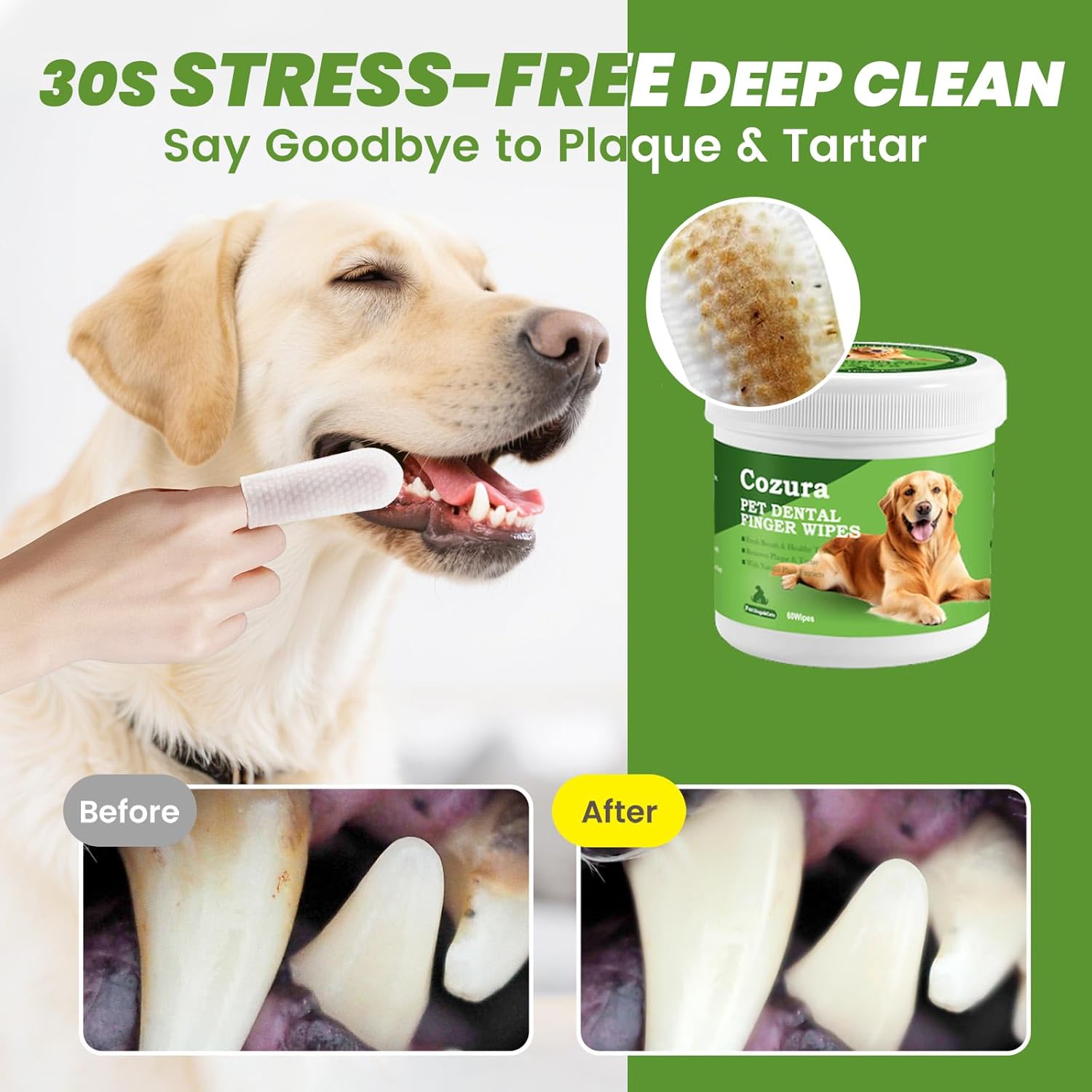 Dog Dental Wipes for Teeth Cleaning - Removes Plaque & Tartar, Effective Toothbrush & Toothpaste Alternative Kit Finger Pet Dental Care Pads, Fresh Breath for Dogs & Cats - 60ct, Unscented - Happypetzone.online - Image 3
