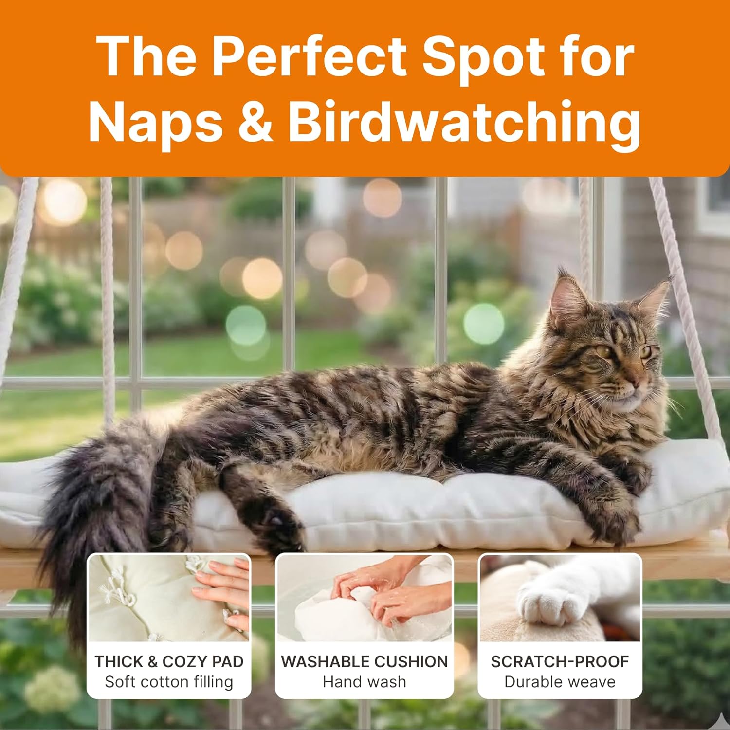 Large Cat Window Perch with Industrial-Grade Suction Cups – Solid Pine Wood Hammock Bed, Soft Cushion - 42 lb Capacity for Heavy Cats Inside - Happypetzone.online - Image 4