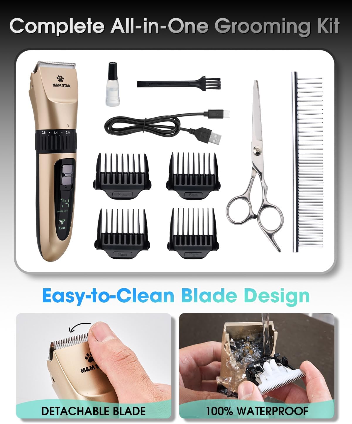 M&M STAR Dog Grooming Kit, Low Noise Dog Clippers, 2-Speed IPX7 Waterproof, Rechargeable Cordless Pet Hair Clippers Trimmer Shaver with LED Display for Small Large Dogs Cats, Gold - Happypetzone.online - Image 7