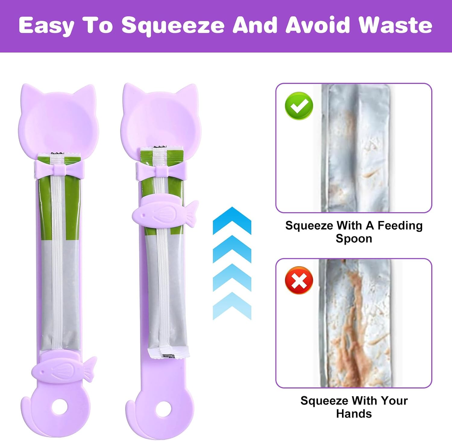 2Pcs Cat Treat Spoons Set, Lickable Cat Treat Spoon Sliding Squeeze Cats Strip Feeder Spoon Multi-Function Wet Treats Dispenser Easy Feeding Spoons for Pets (Purple, Green) - Happypetzone.online - Image 4