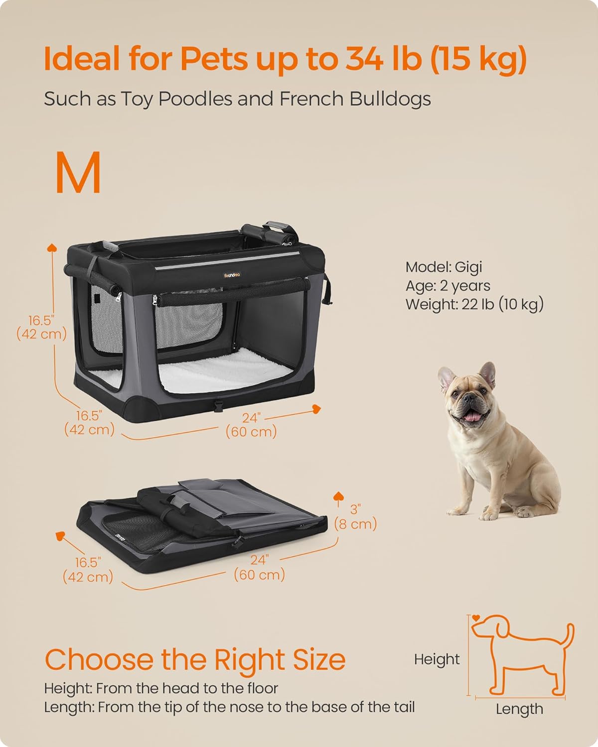 Feandrea Collapsible Dog Crate, 24-Inch Portable Dog Travel Crate for Small Dogs, Oxford Fabric Pet Carrier with 4 Mesh Doors, Handles, Storage Pocket, Water Bottle Holder, Ink Black UPDC016B01 - Happypetzone.online - Image 6