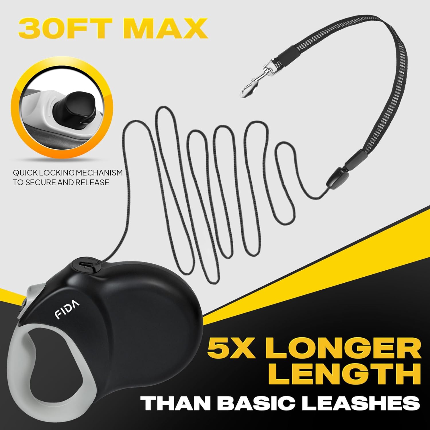 Fida Upgraded Retractable Dog Leash 30ft, Heavy Duty Pet Walking Leash for Medium/Large Breed up to 110 lbs, 360° Tangle-Free Long Retract Dog Lead, Soft Grip, One-Hand Brake, Black - Happypetzone.online - Image 2