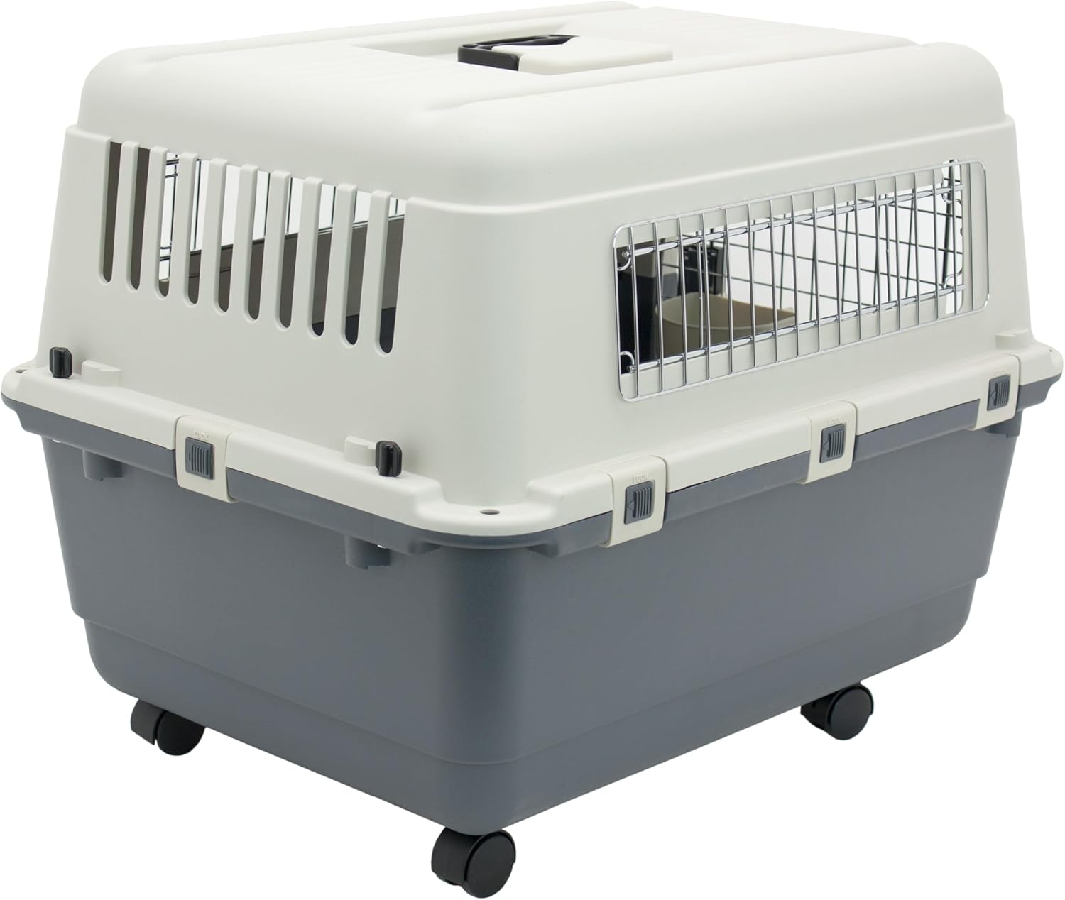 SportPet Airline Compliant MEDIUM 24.25" Travel Dog Kennel-Durable Plastic Airline Pet Carrier w/Removable Wheels & Food Bowls, Collapsible Indoor/Outdoor Dog Kennel, Dogs up to 23"L & 15"H-Cream/Gray - Happypetzone.online - Image 2