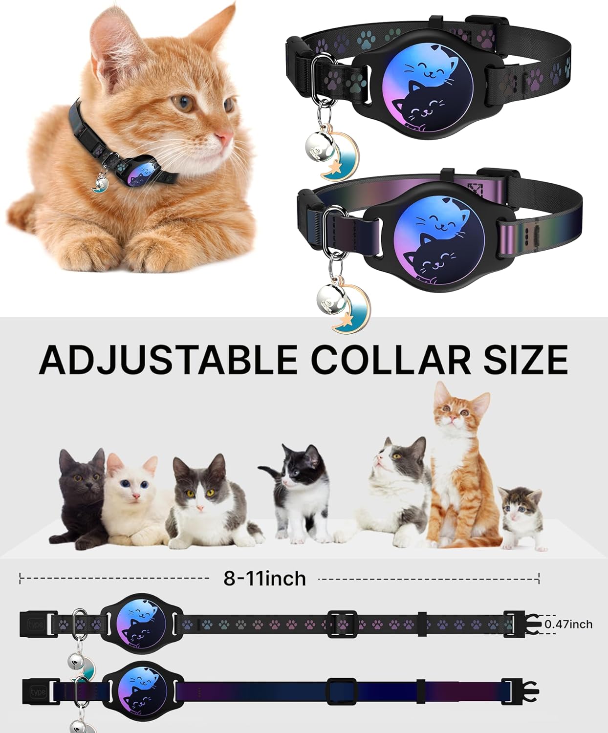 Cat Collar with Airtag Holder, 2 Pack Waterproof Breakaway Kitten Collar for Apple AirTag GPS Tracker, Adjustable Cat Collar with Buckle, Bell & Reflective Pattern for Cats, Kittens, Black (8-11") - Happypetzone.online - Image 6
