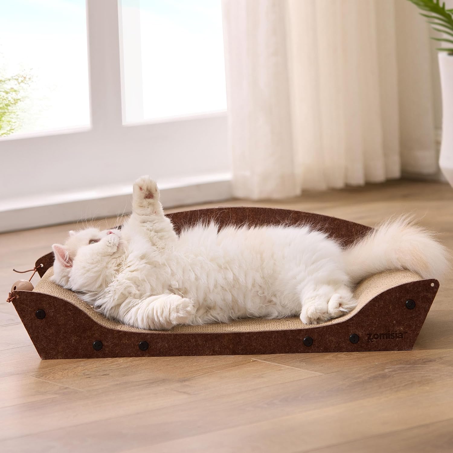 ZOMISIA 26'' Cardboard Cat Scratcher Bed - Large Scratcher Couch for Indoor Cats, Orthopedic Scratching Board, Lounger Scratching Couch with Bells - Happypetzone.online - Image 2