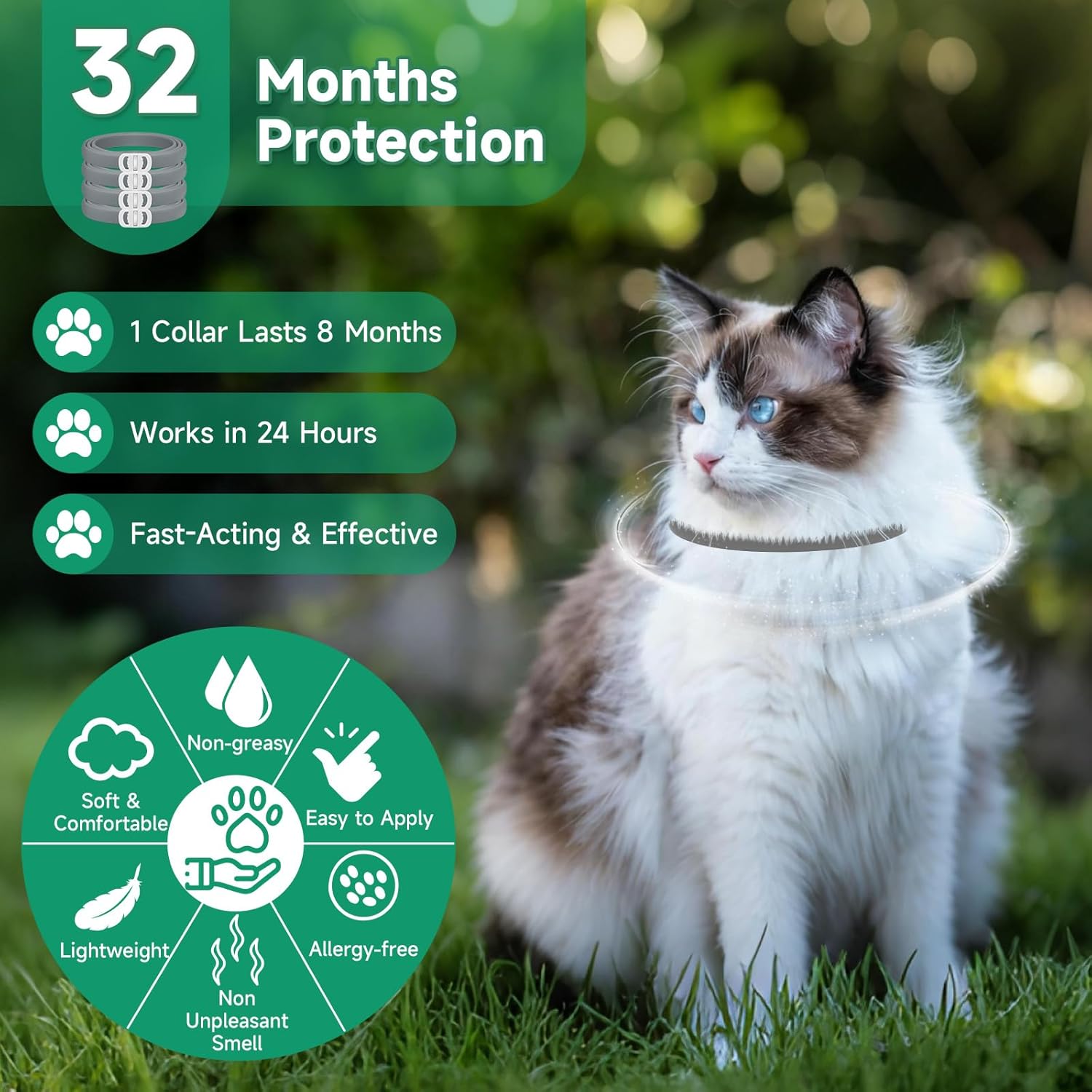 4 Pack Cat Flea Collars, Cat Flea and Tick Treatment, 32 Months Protection Flea and Tick Prevention for Cats, Waterproof Flea Collar for Cats, One Size Fits All for All Breeds, Grey - Happypetzone.online - Image 3